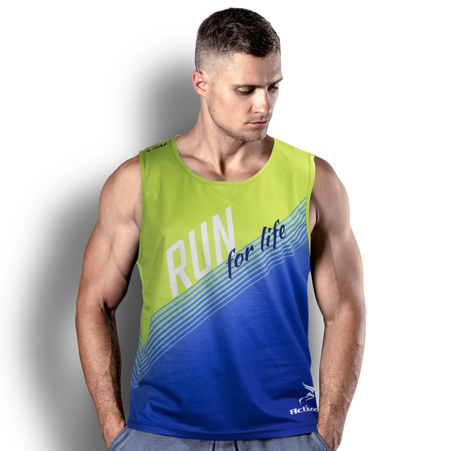 A men's sports singlet in vibrant green and blue, featuring a logo and graphic design. Custom Mens Sports Singlet - Image 1