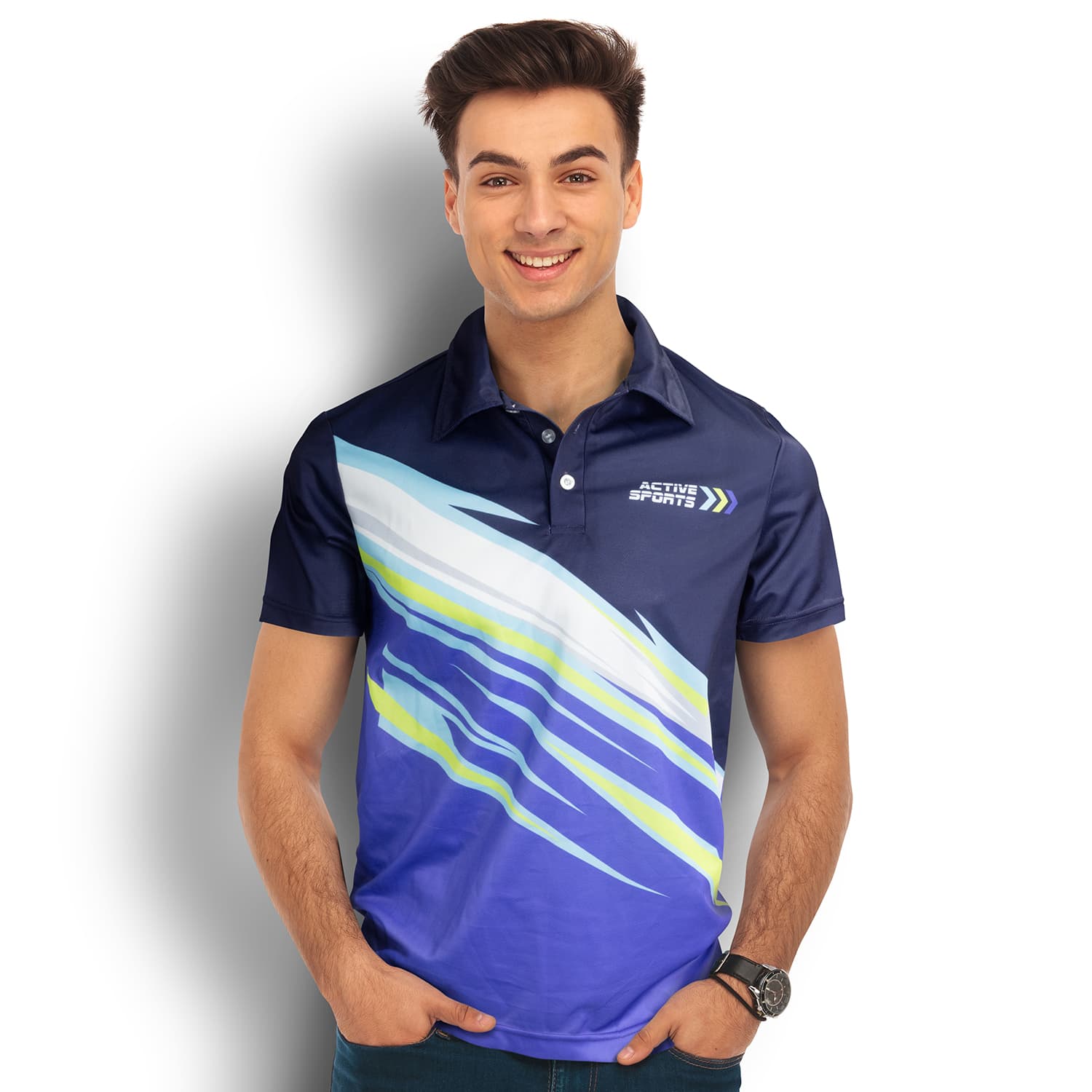 A blue and yellow custom men's sports polo shirt featuring a logo, designed with a dynamic graphic pattern. Custom Mens Sports Polo - Image 1