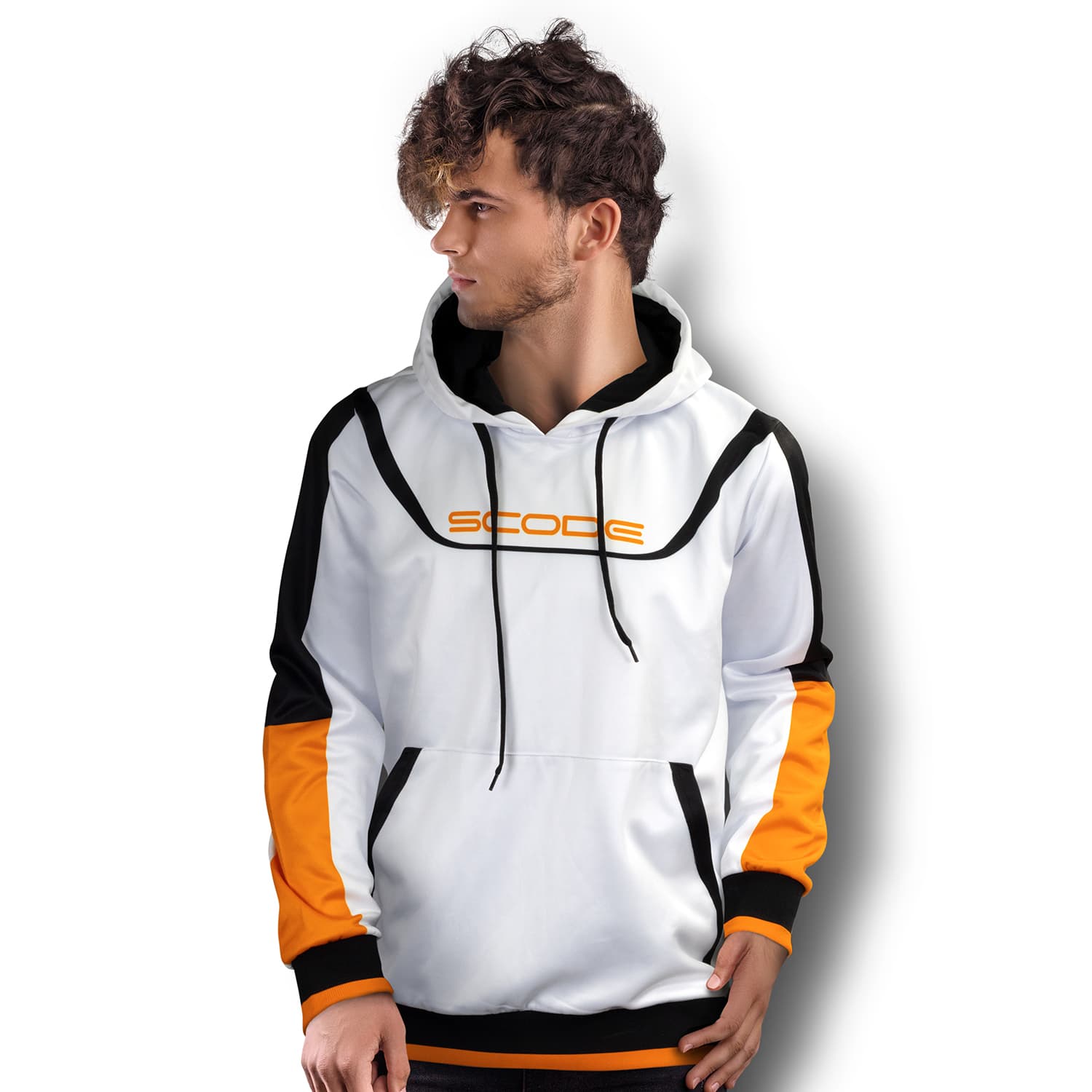 A men's sports hoodie featuring a white and orange design with a logo on the front and black accents. Custom Mens Sports Hoodie - Image 1