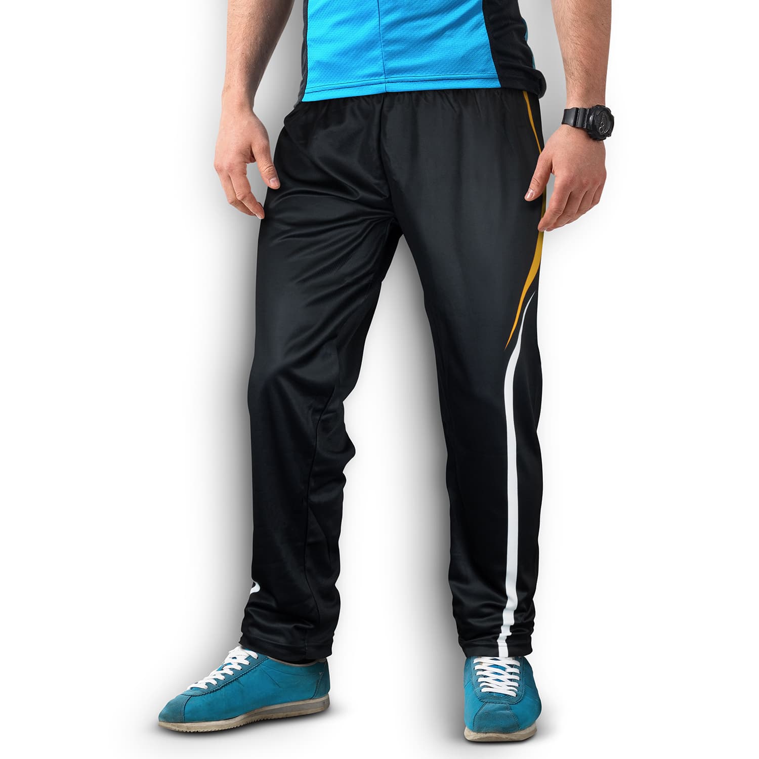 Custom men's sports pants in black with a white and yellow design, featuring an elastic waistband and a branded logo. Custom Mens Sports Pants - Image 1