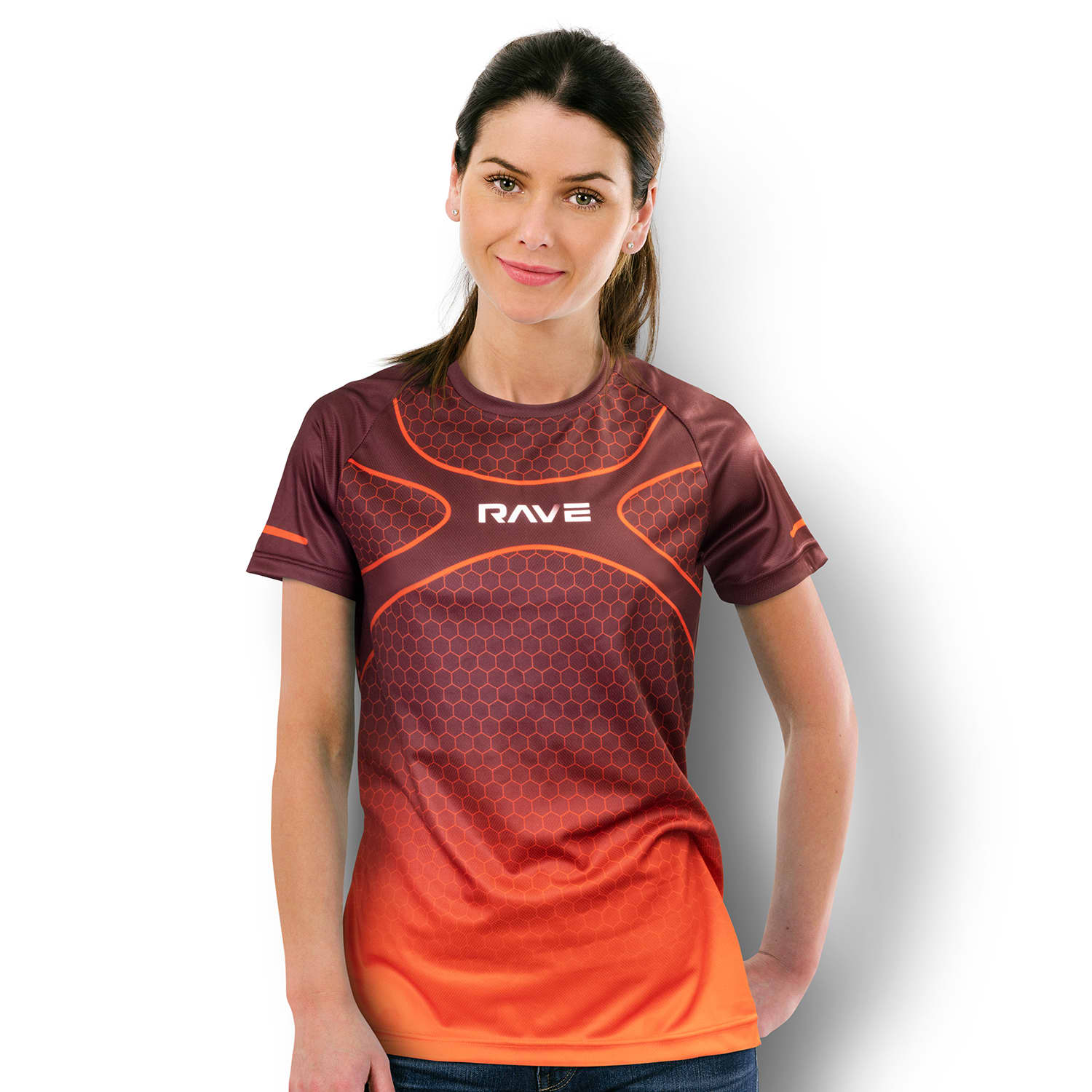 A custom women's performance t-shirt in shades of orange and maroon, featuring a logo and a modern design. Custom Womens Performance T-Shirt - Image 1