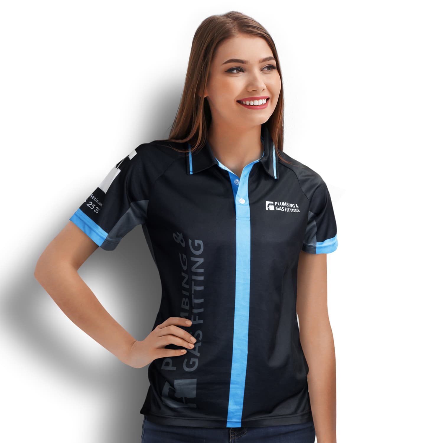 A women's black performance polo shirt with blue accents and a logo on the sleeve. Custom Womens Performance Polo - Image 1