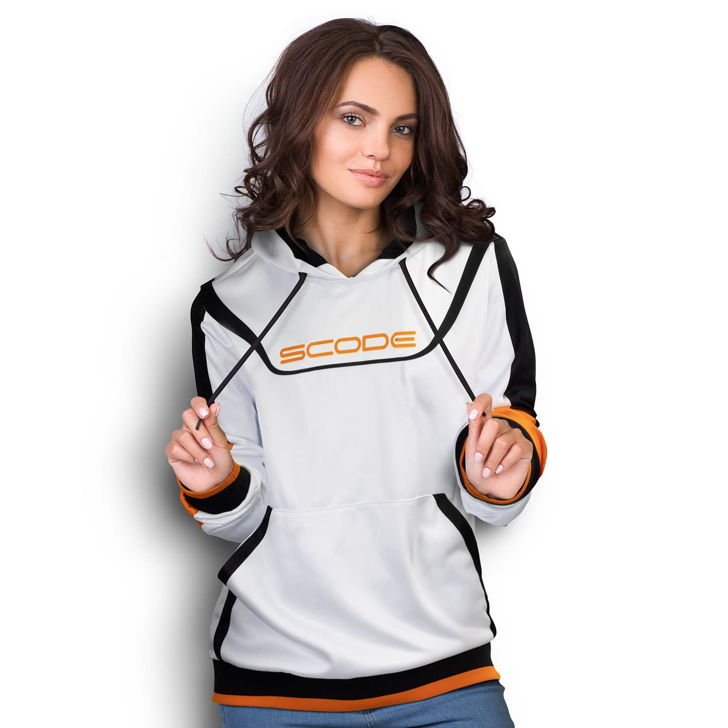 A woman wearing a white sports hoodie with black and orange accents, featuring a logo on the front. Custom Womens Sports Hoodie - Image 1
