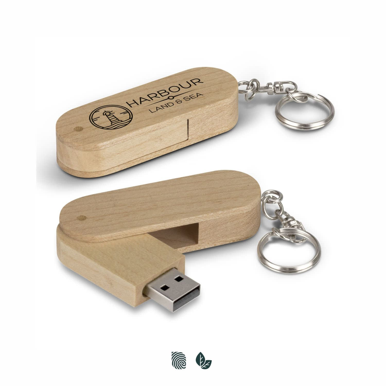 A wooden 8GB flash drive in a keychain design, featuring a logo and a USB connector. Maple 8GB Flash Drive - Image 1