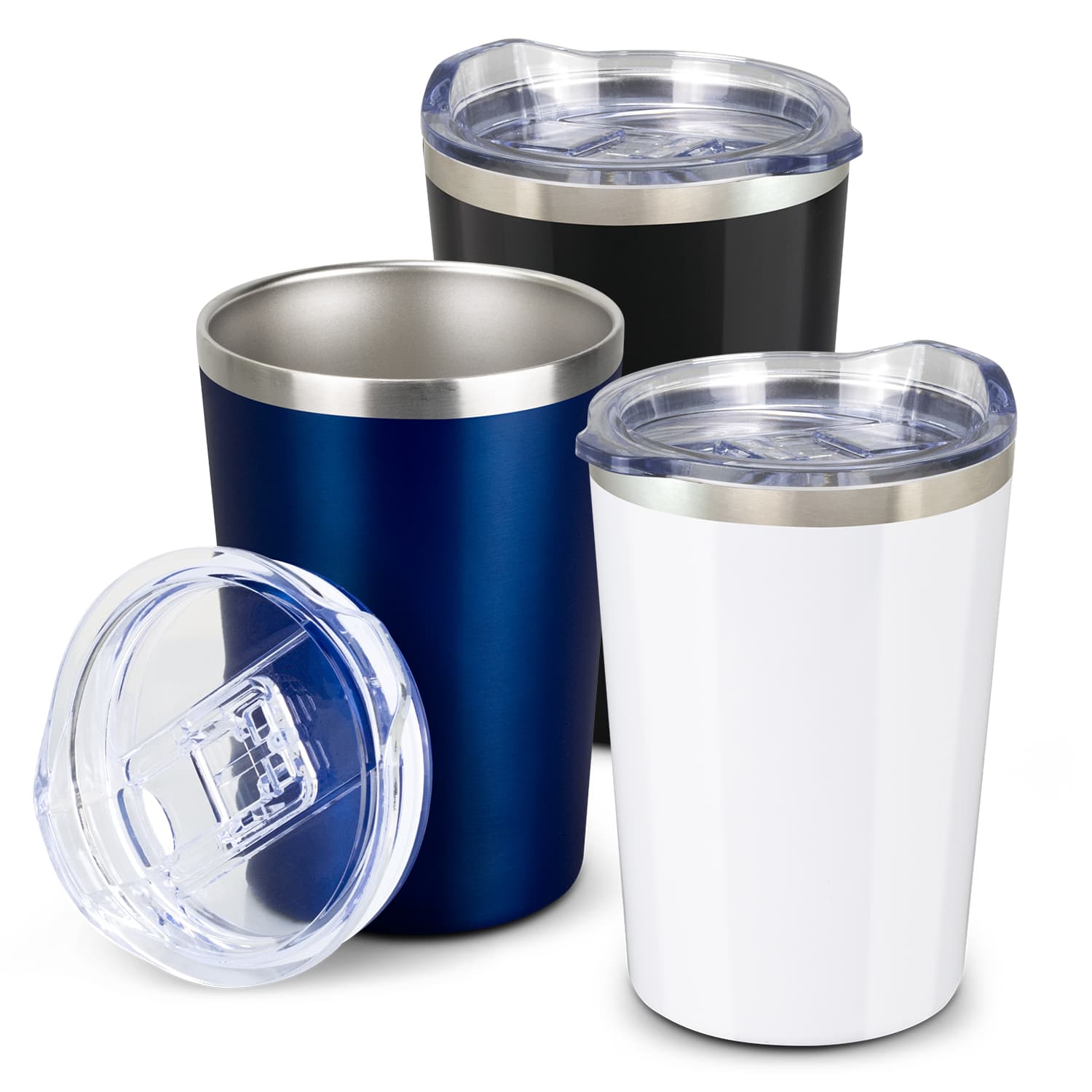A drink bottle set featuring a white, black, and navy blue vacuum cup with clear lids and stainless steel interiors. Evora Vacuum Cup - Image 1