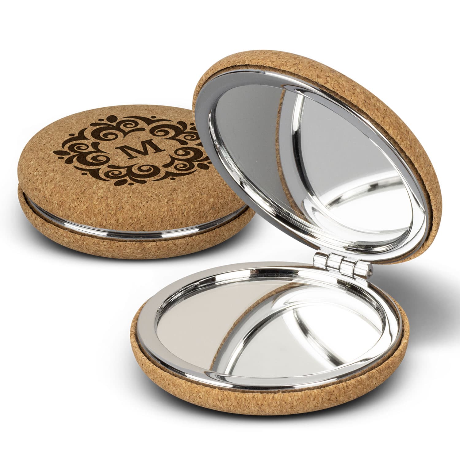 A cork compact mirror featuring a decorative design and a shiny interior for reflection. Cork Compact Mirror - Image 1