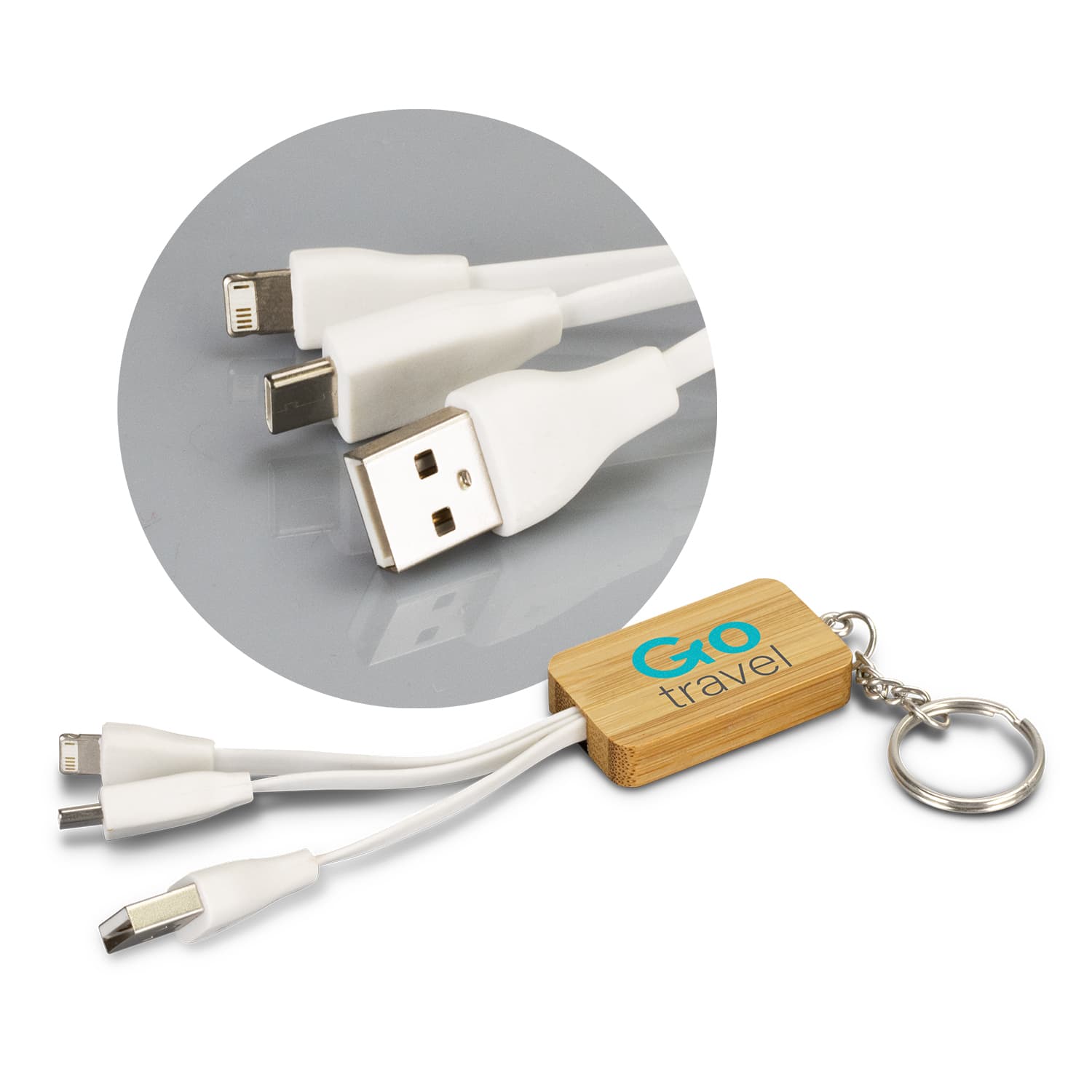 A bamboo charging cable key ring in rectangular shape, featuring multiple connectors and a logo, primarily in white and wood tones. Bamboo Charging Cable Key Ring - Rectangle - Image 1