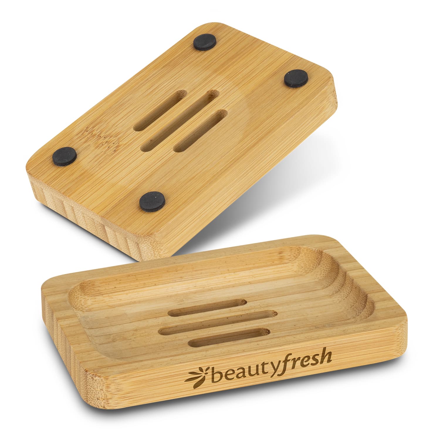 A bamboo soap holder with black rubber feet, featuring a channel design and a logo. Comes in a natural bamboo finish. Bamboo Soap Holder - Image 1