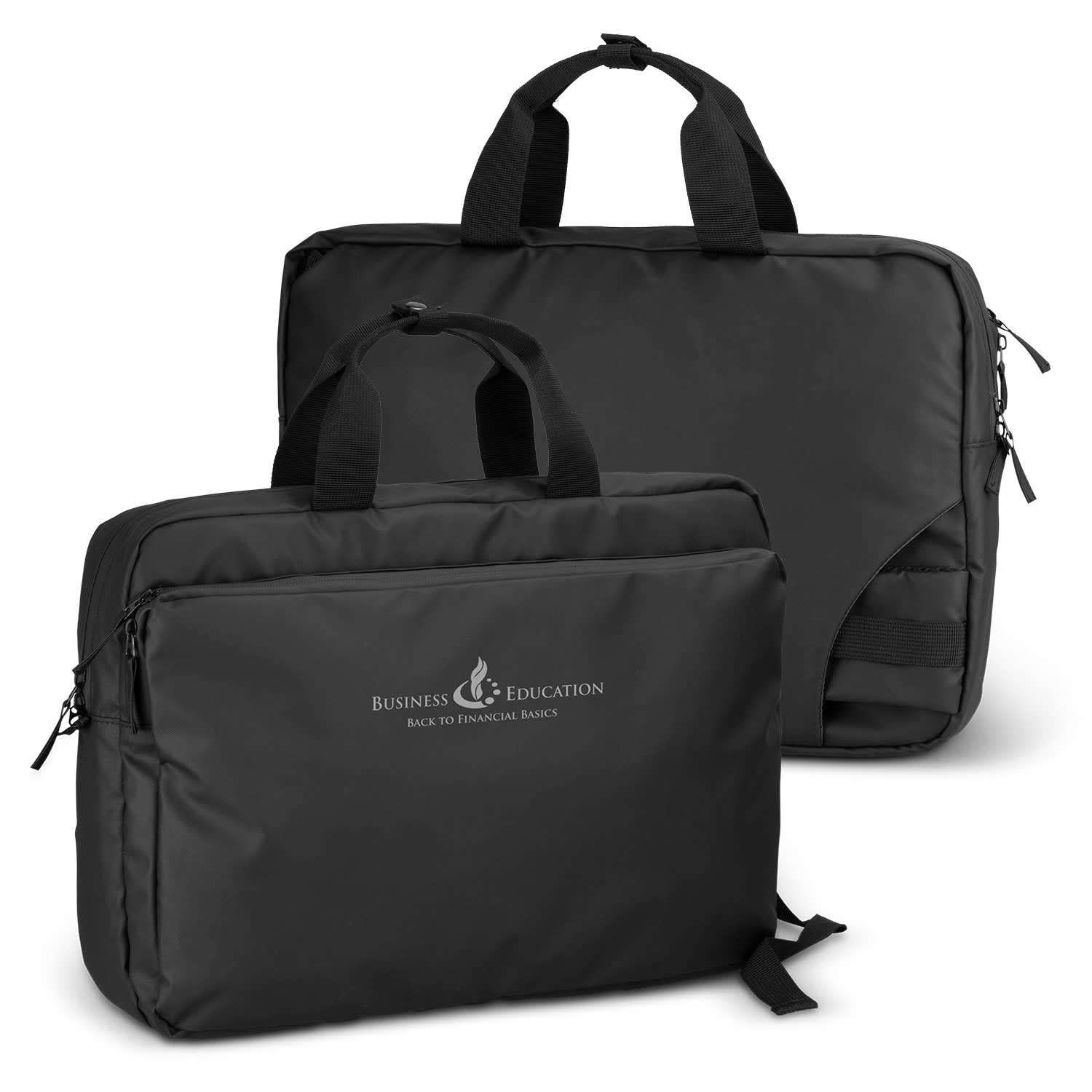 Aquinas Sling Laptop Bag in black, featuring a zippered compartment and two handles. Includes a logo on the front. Aquinas Sling Laptop Bag - Image 1