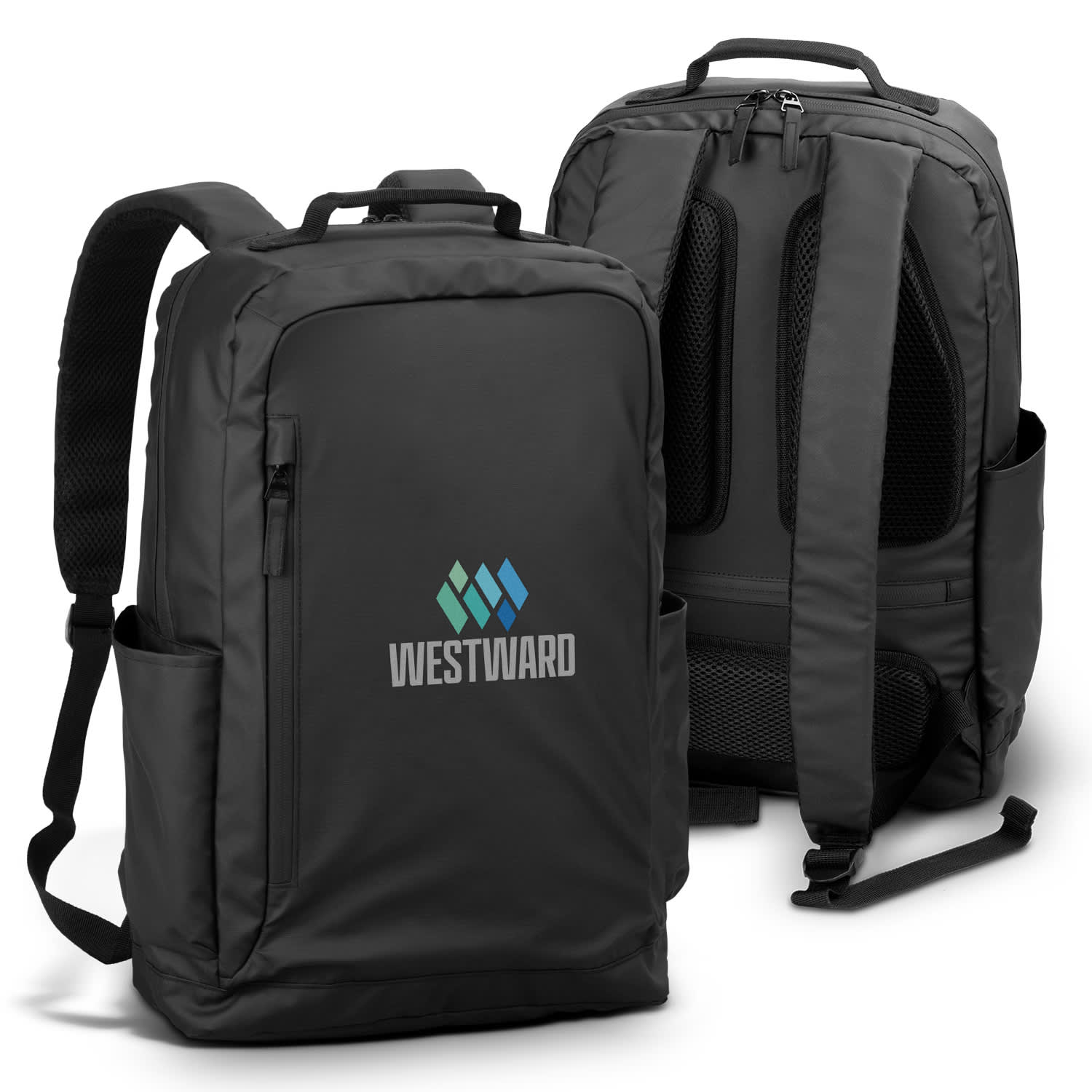 A black backpack featuring two main compartments, mesh back panel, and side pockets. It has a logo on the front. Aquinas Backpack - Image 1