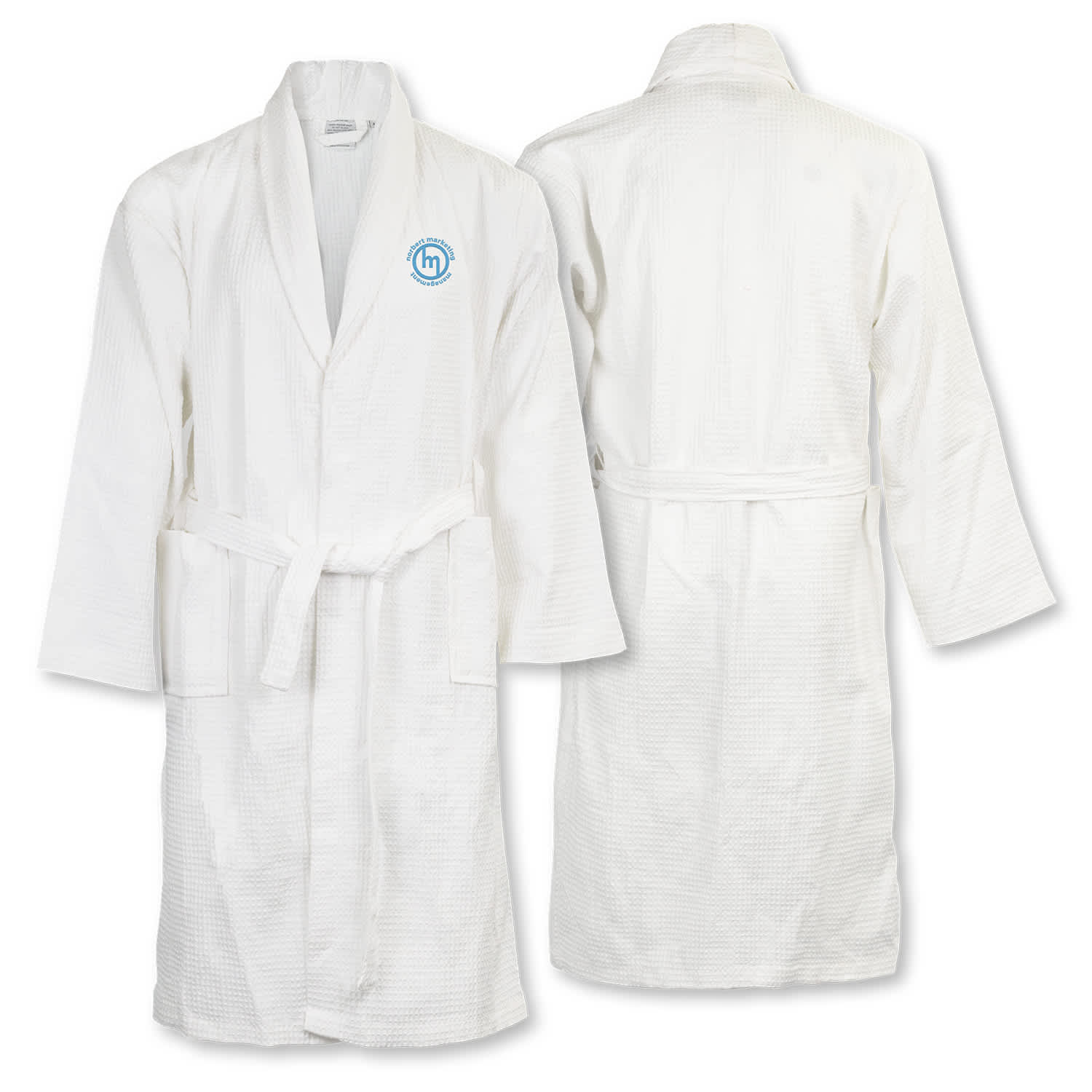 A white waffle bathrobe featuring a logo, with front and back views displayed. Rochester Waffle Bathrobe - Image 1