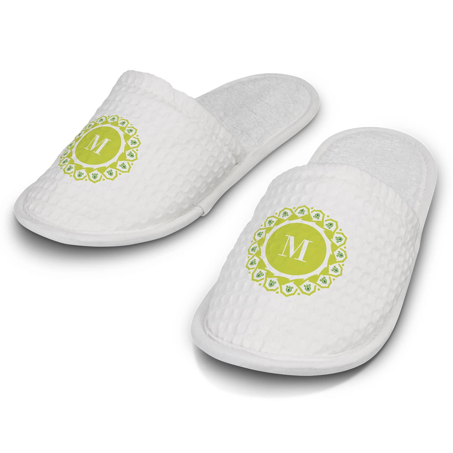 White waffle slippers with a green circular design and a logo on the front. Soft, textured fabric with a cushioned sole. Rochester Waffle Slippers - Image 1