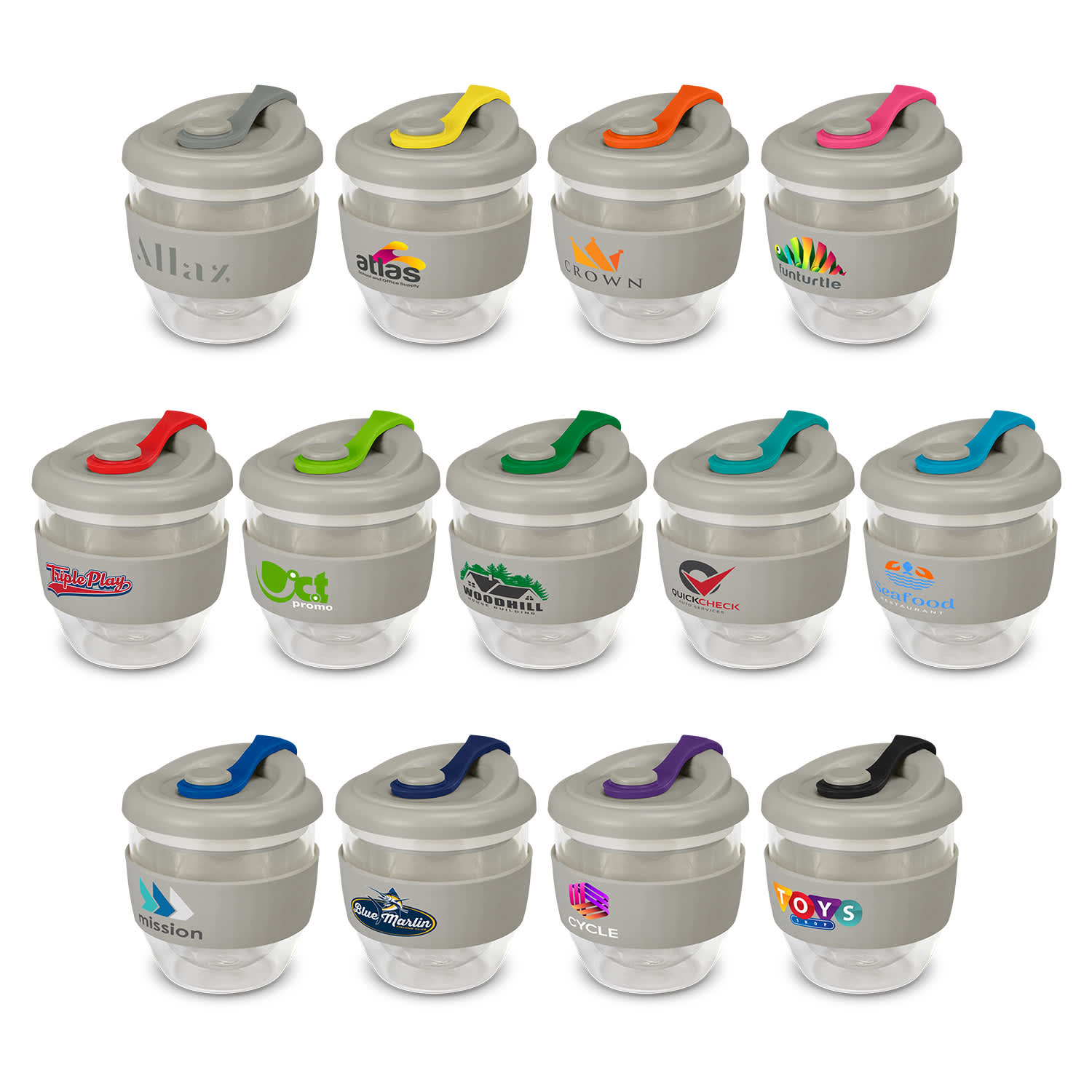 A drink bottle collection featuring the Valencia Cup in various colours with grey lids and hooks, each with logos. Valencia Cup - 230ml - Image 1