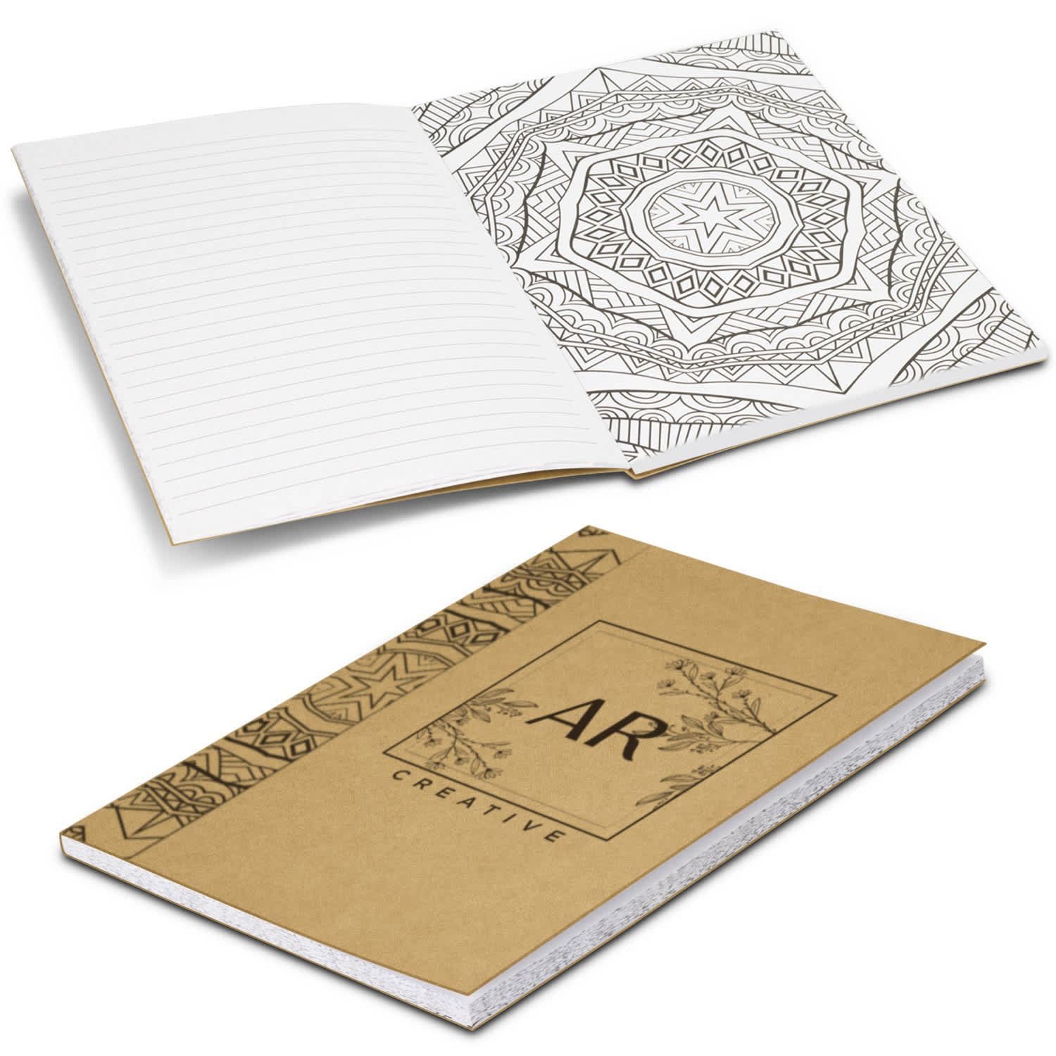 A mindfulness notebook featuring a patterned cover in brown and lined pages inside, with a design element on the front. Mindfulness Notebook - Image 1