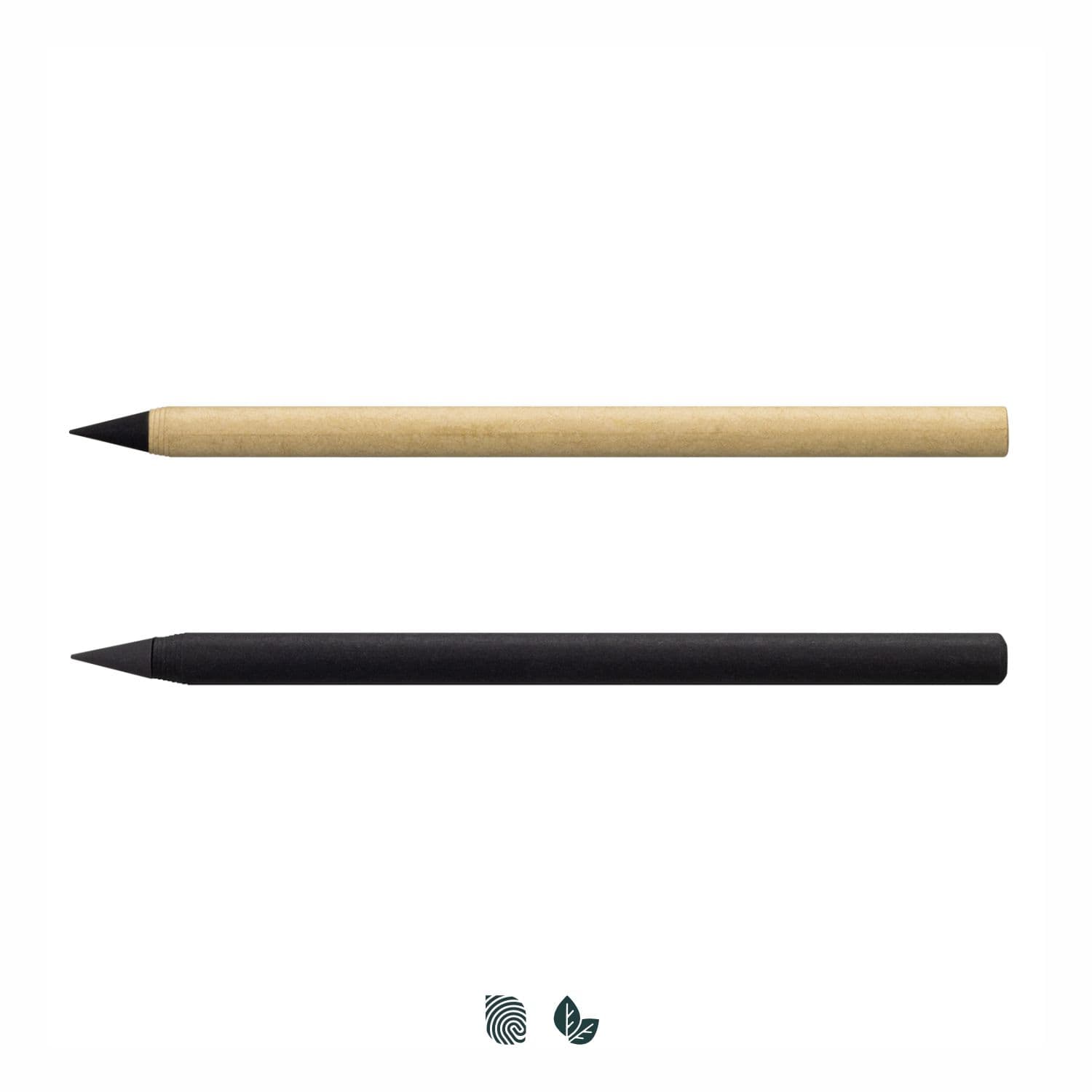 Two inkless pens, one in natural kraft and the other in black, displayed side by side with a logo below. Infinity Inkless Kraft Pen - Image 1