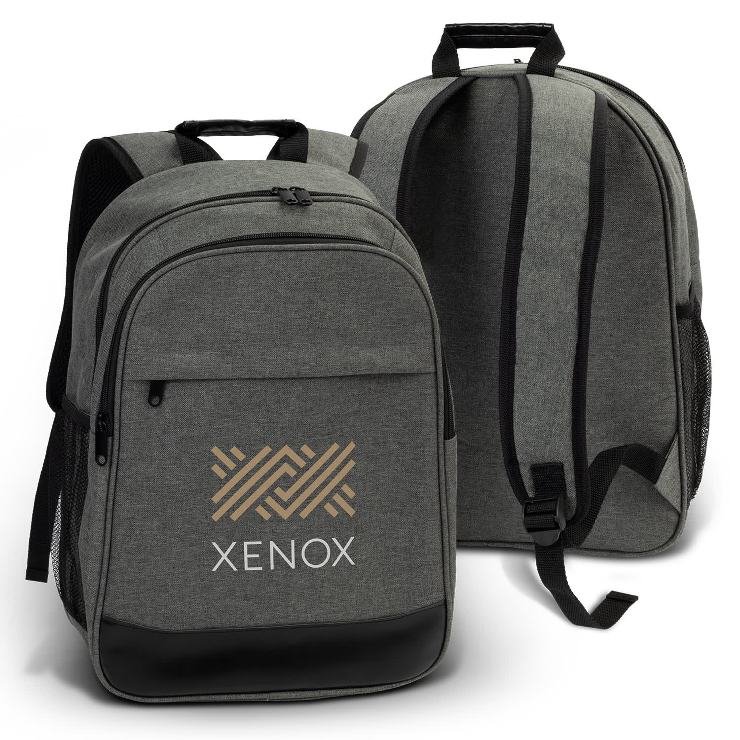 A grey backpack with a structured design, featuring a logo on the front and a top handle. Herald Backpack - Image 1