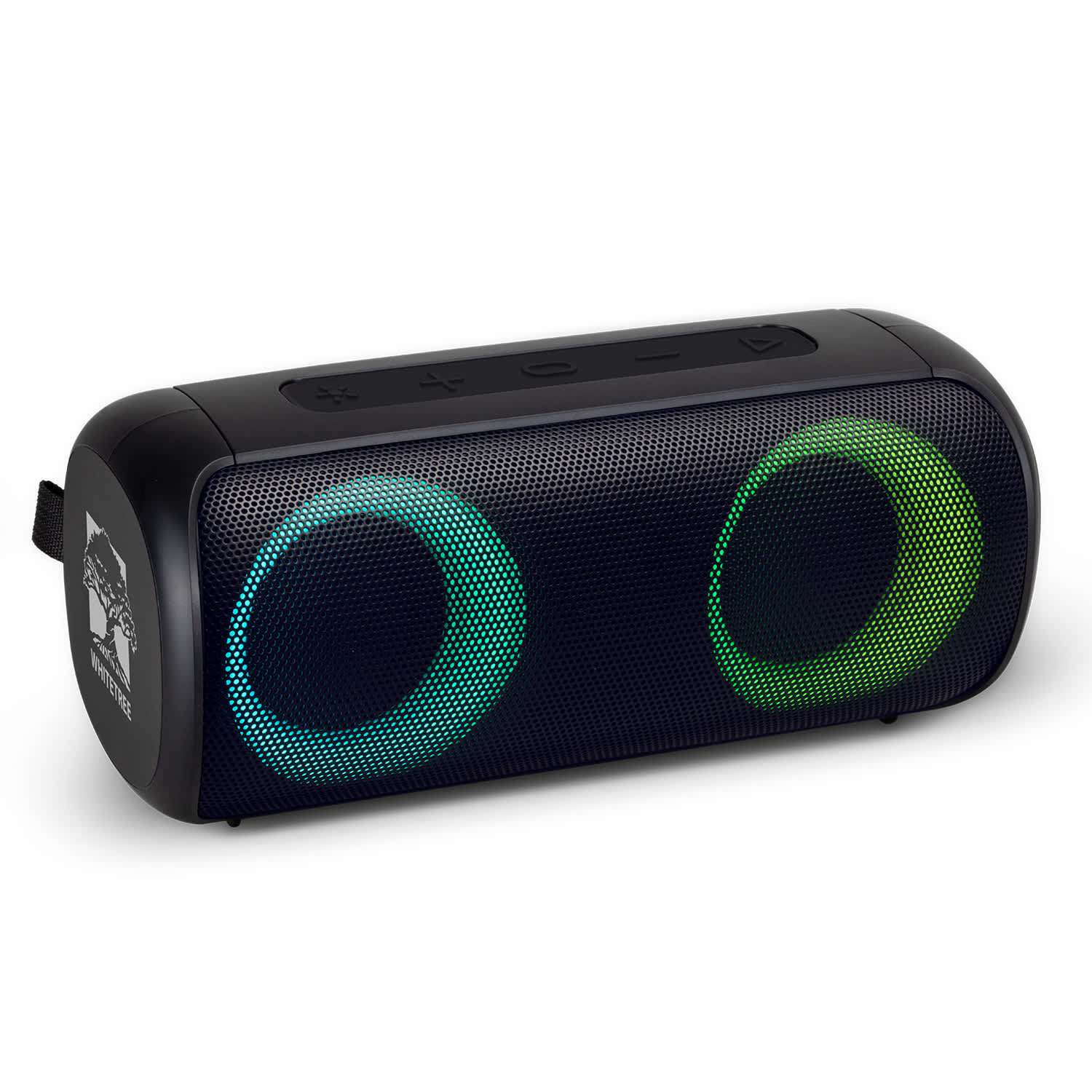 A Bluetooth speaker in black with green and blue light accents, featuring control buttons on the top and a logo. Odin Outdoor Bluetooth Speaker - Image 1