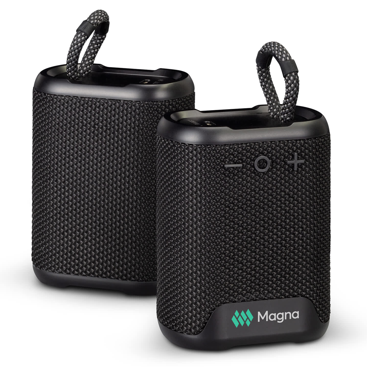 A pair of black outdoor Bluetooth speakers with a textured surface and attached loops, featuring a logo on the front. Loki Outdoor Bluetooth Speaker - Image 1