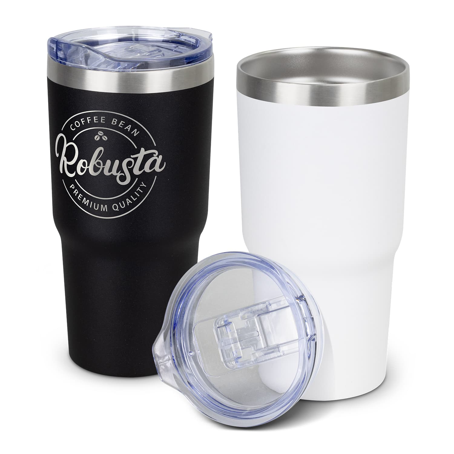 A drink bottle featuring a matte black and white powder-coated finish, includes a clear lid and branding. Himalayan Vacuum Tumbler - Powder Coated - Image 1