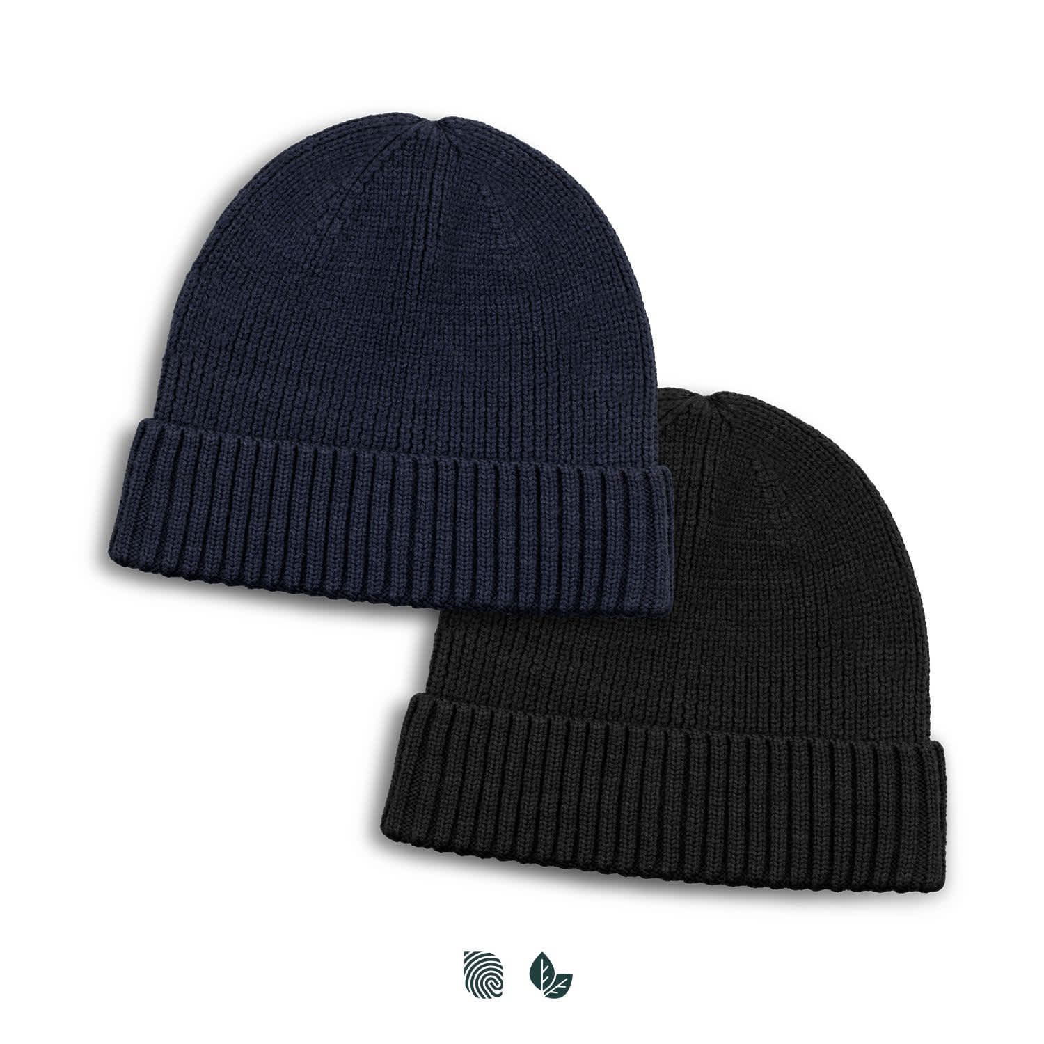 A pair of Merino wool beanies in navy and black, featuring a ribbed design. Each beanie has a logo. Merino Wool Beanie - Image 1