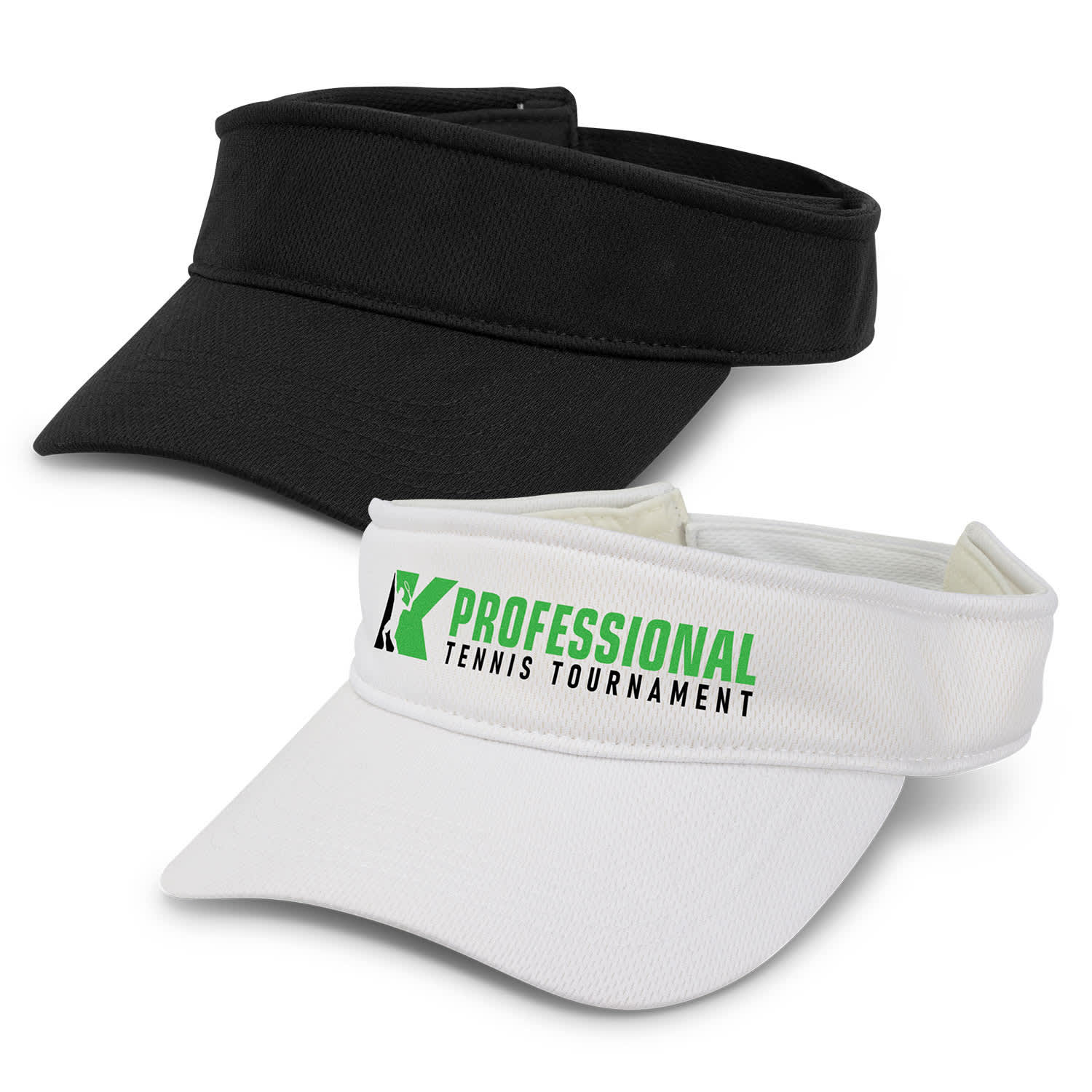 A black and a white sports mesh visor featuring a logo on the front. Sports Mesh Visor - Image 1