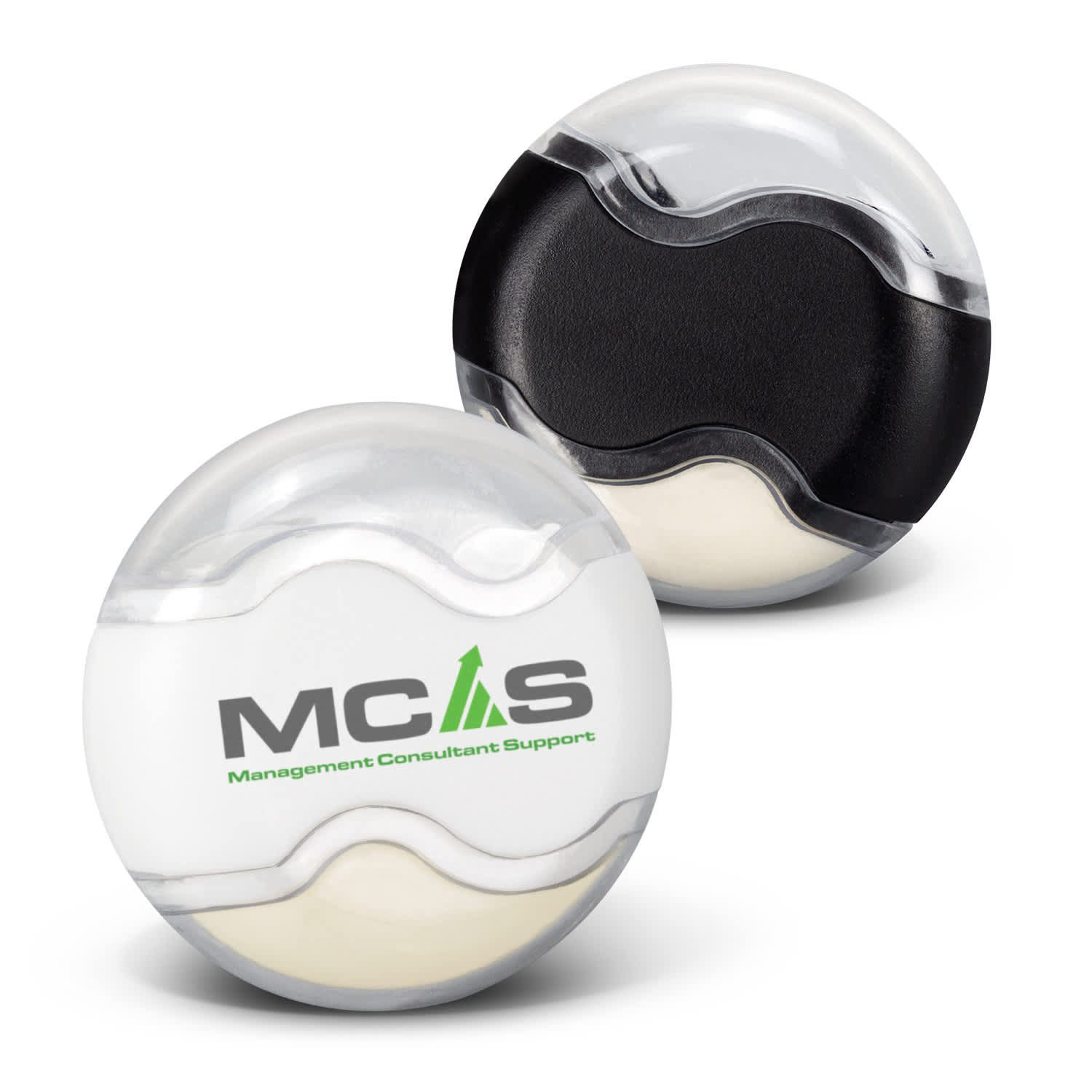 A pencil sharpener with an eraser, featuring a clear and black design, includes a logo on the casing. Pencil Sharpener with Eraser - Image 1
