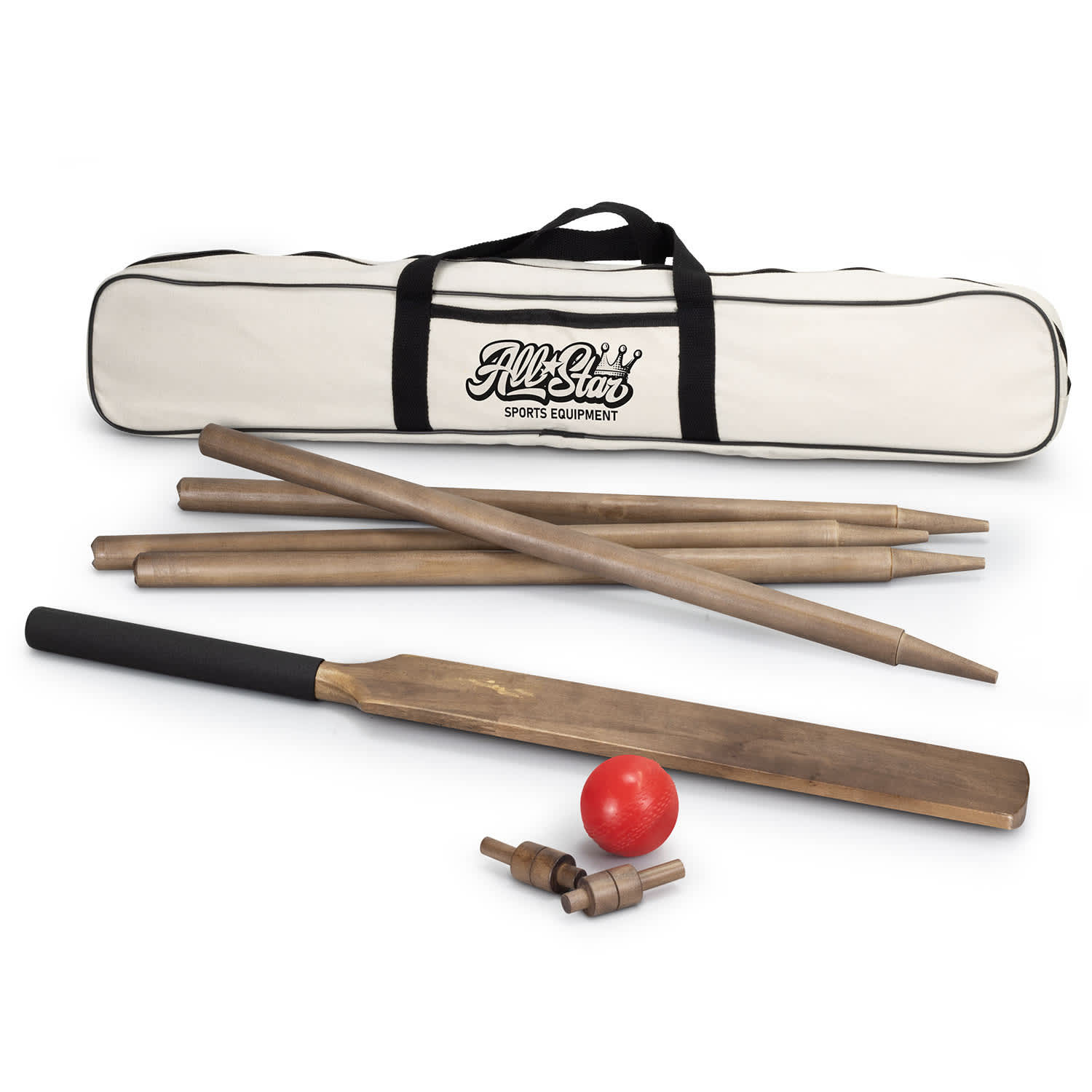 A Boundary Cricket Set featuring wooden bats, stumps, and a red ball, all stored in a cream carry bag with a logo. Boundary Cricket Set - Image 1