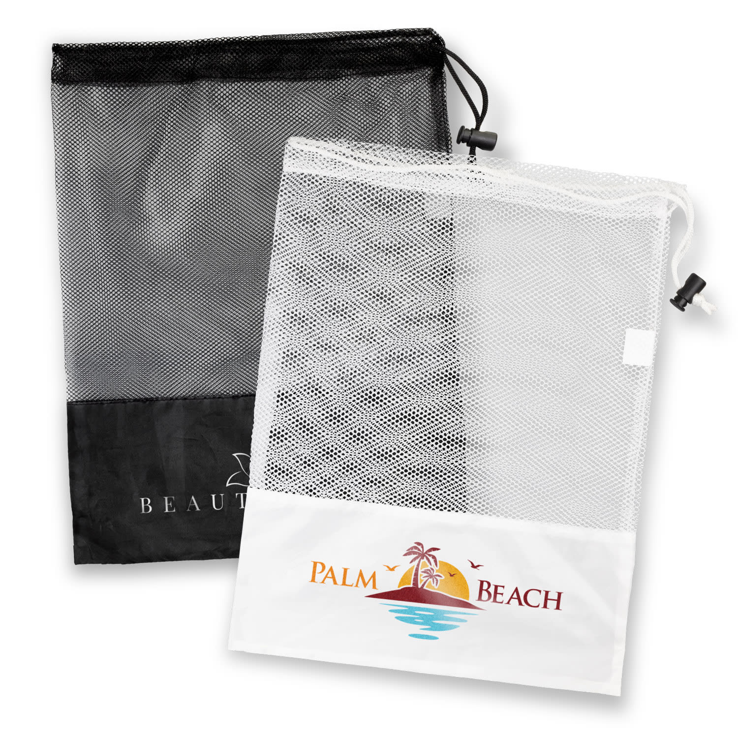 A black and white drawstring mesh bag featuring a logo and a white mesh section at the top. Drawstring Mesh Bag - Image 1