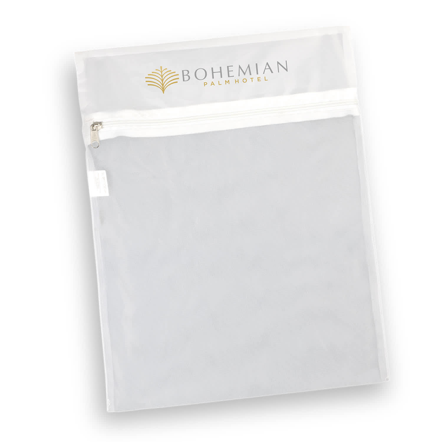 A translucent white mesh laundry bag with a zip closure and a logo at the top. Mesh Laundry Bag - Image 1