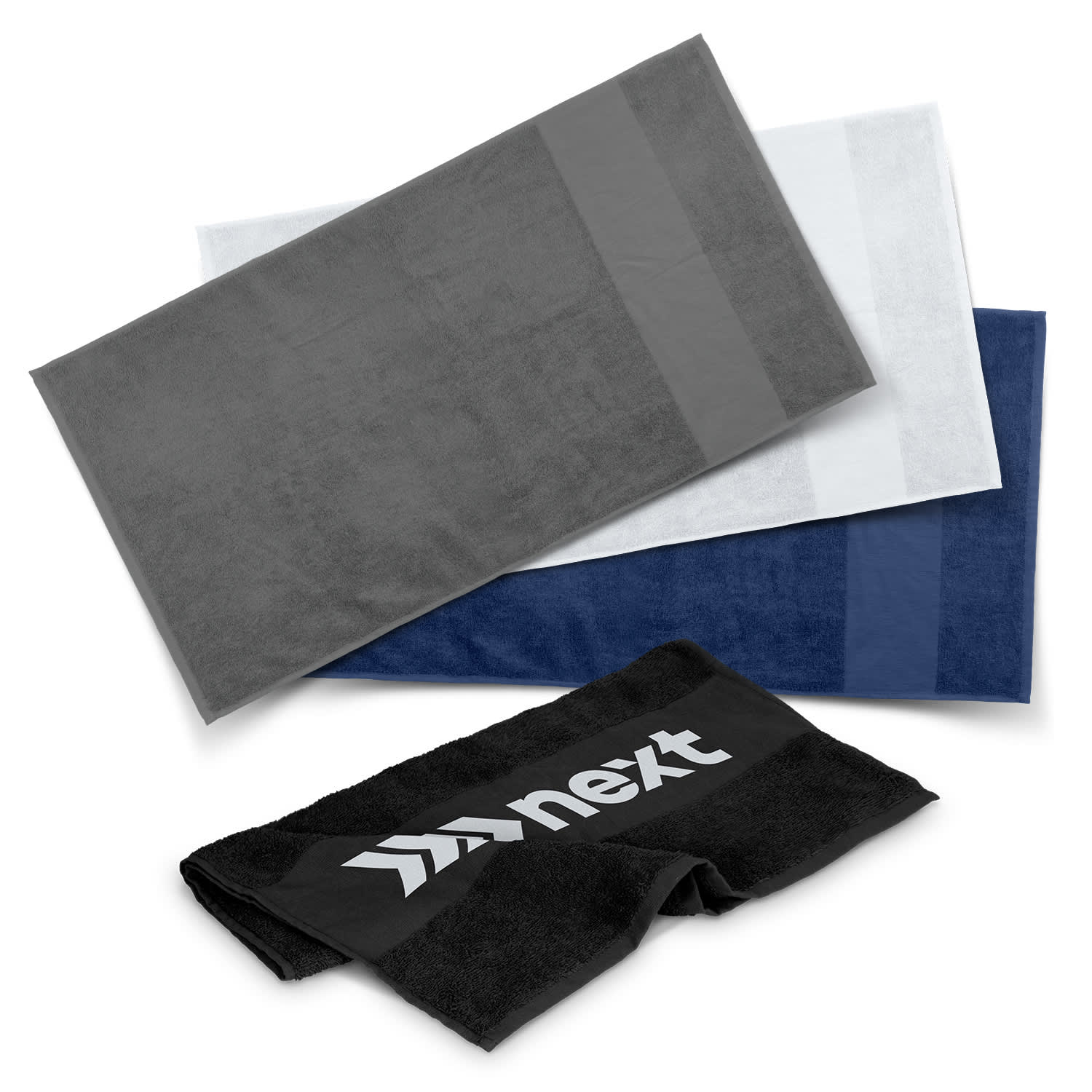 A set of three gym towels in grey, white, and navy, with a towel featuring a logo on the front. Fit Sports Towel - Image 1
