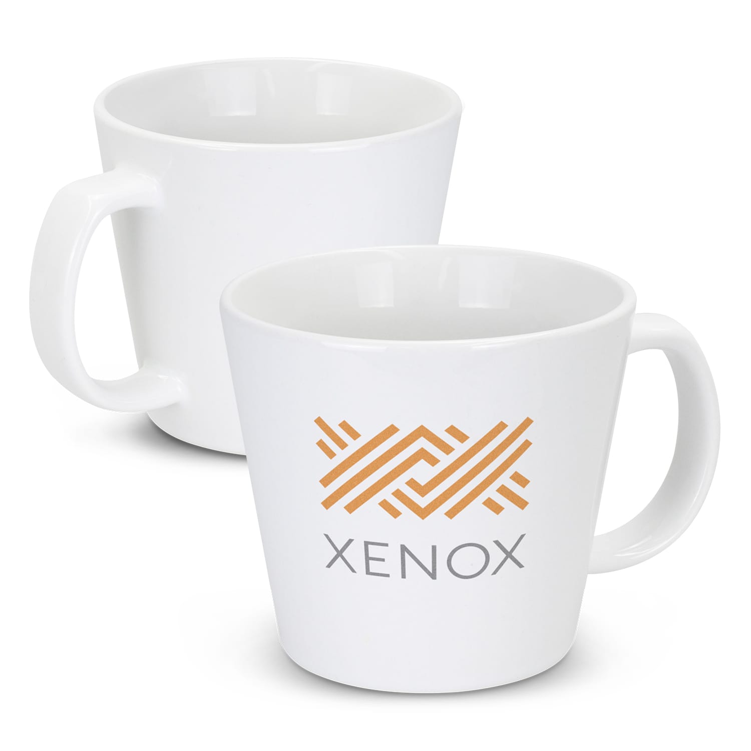 A white coffee mug with a logo, featuring a modern design and a comfortable handle. Kona Coffee Mug - Image 1