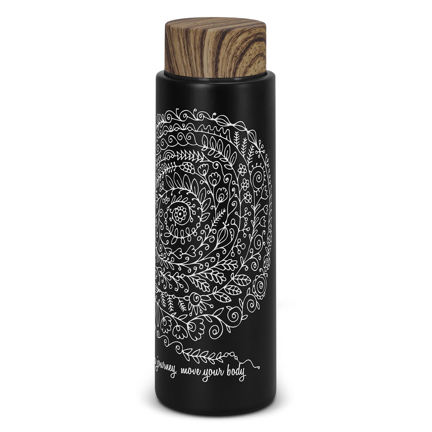 A drink bottle in matte black with a wooden lid, featuring a decorative floral design. It has a logo on the side. Medina Vacuum Bottle - Image 1