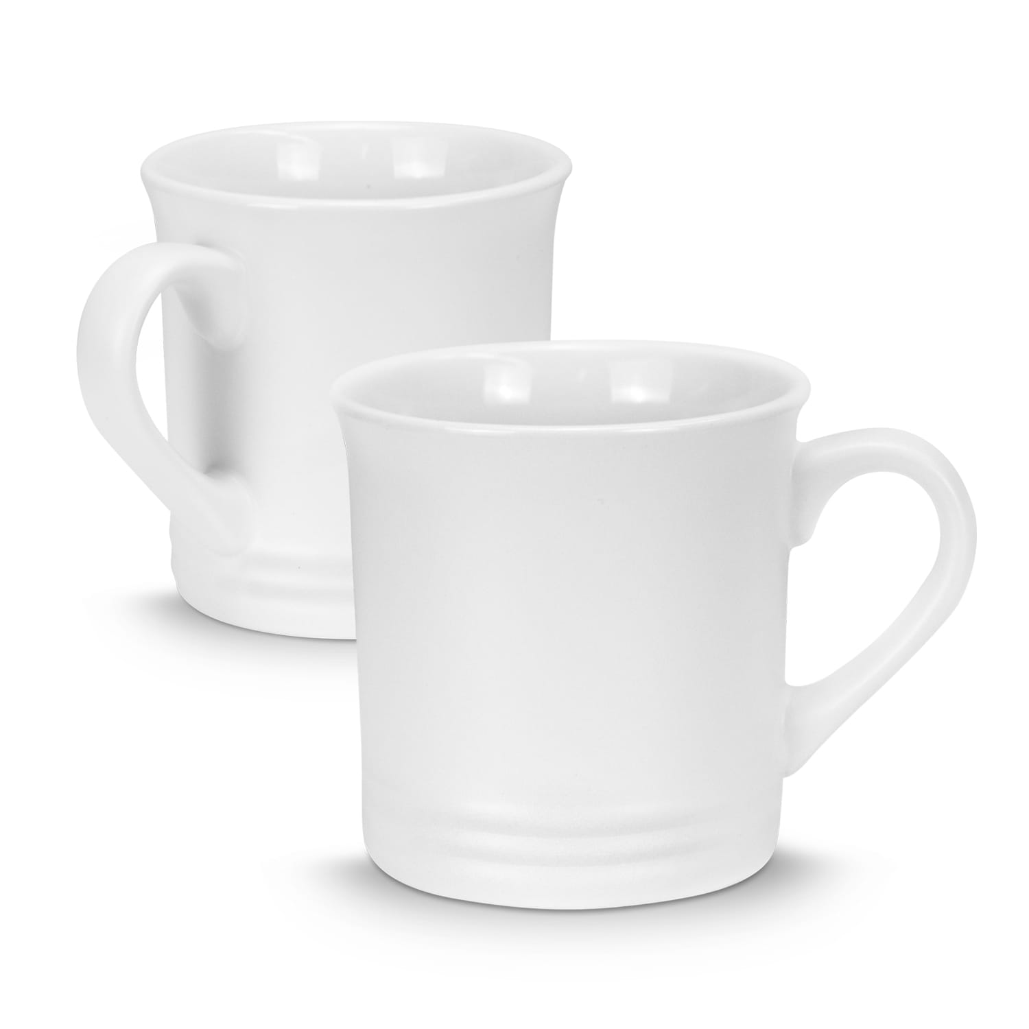 Two white ceramic coffee mugs with rounded edges and handles, featuring a smooth finish and a simple design. Alba Coffee Mug - Image 1