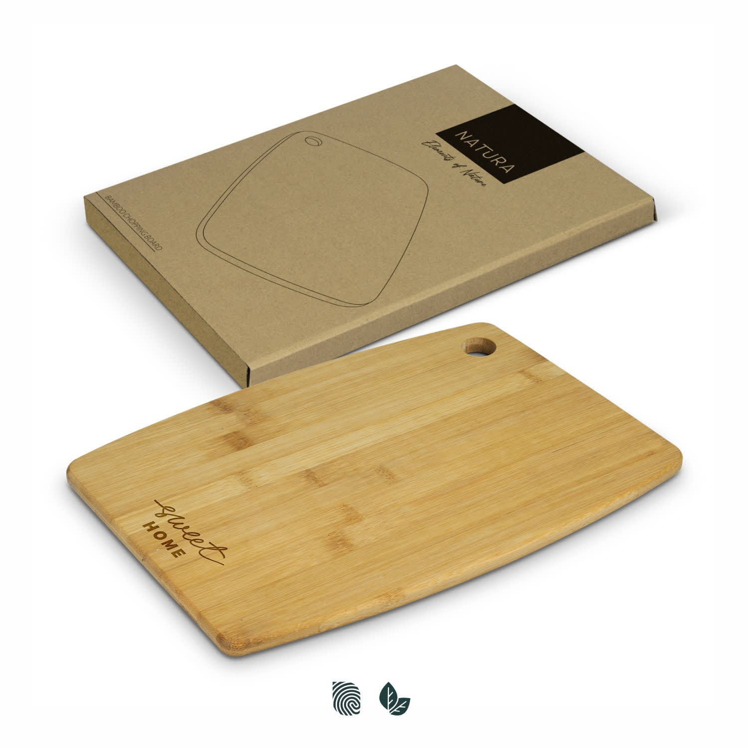 A bamboo chopping board in a rectangular shape with a hanging hole, placed on top of its packaging. NATURA Bamboo Chopping Board - Image 1