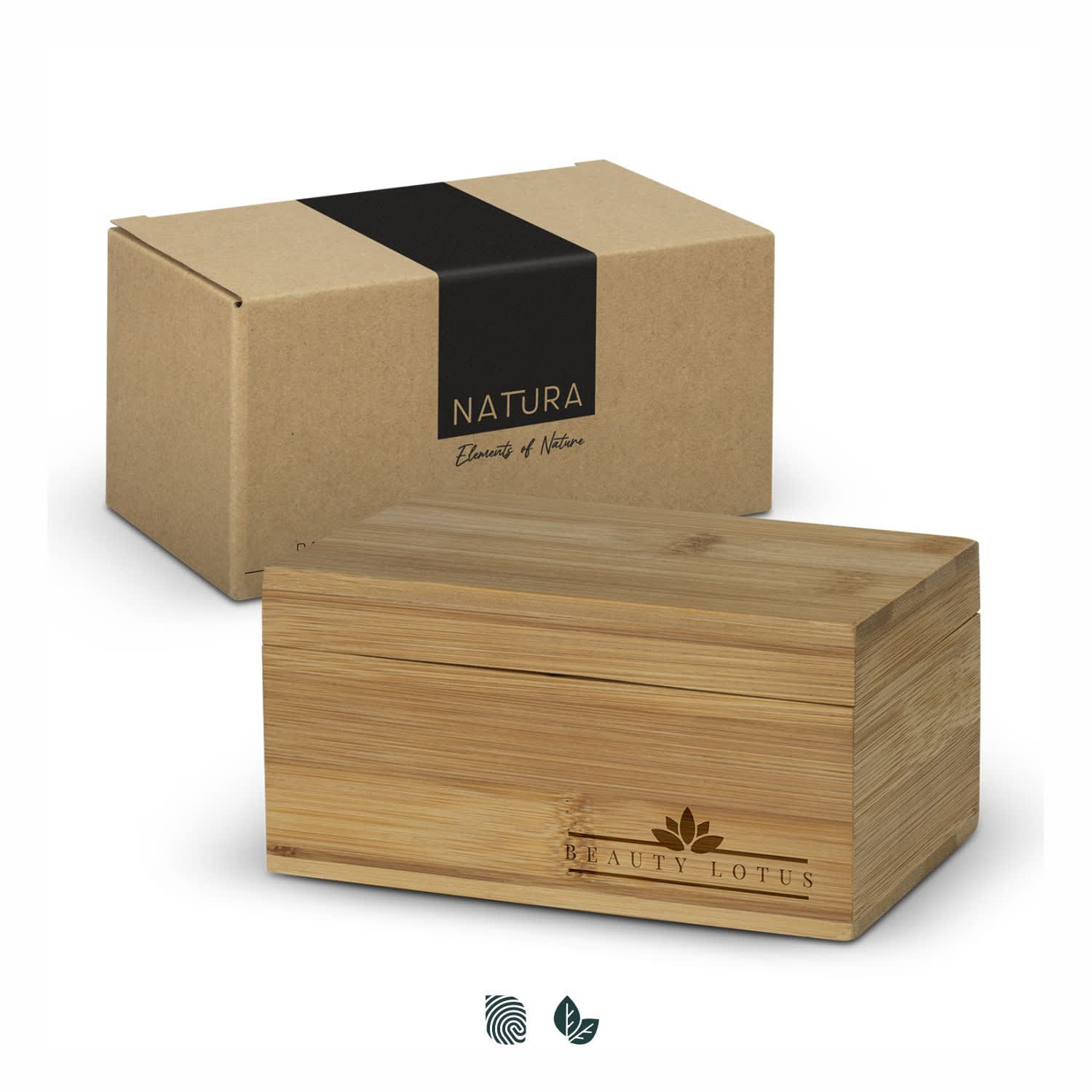 A bamboo tea box with a natural finish, accompanied by a brown cardboard packaging box. The tea box features a logo. NATURA Bamboo Tea Box - Image 1