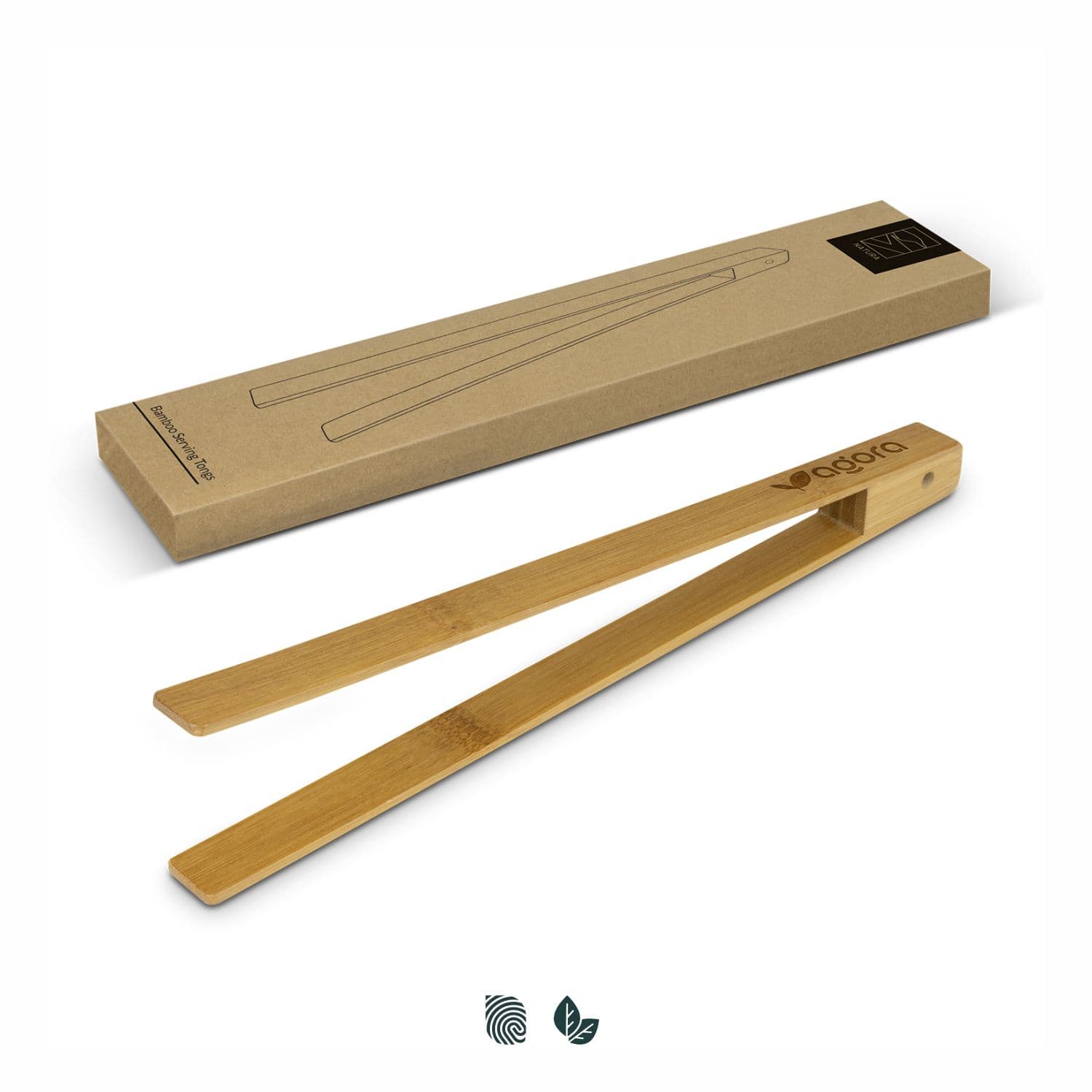 Bamboo serving tongs in a natural finish, presented alongside a cardboard packaging featuring a logo. NATURA Bamboo Serving Tongs - Image 1