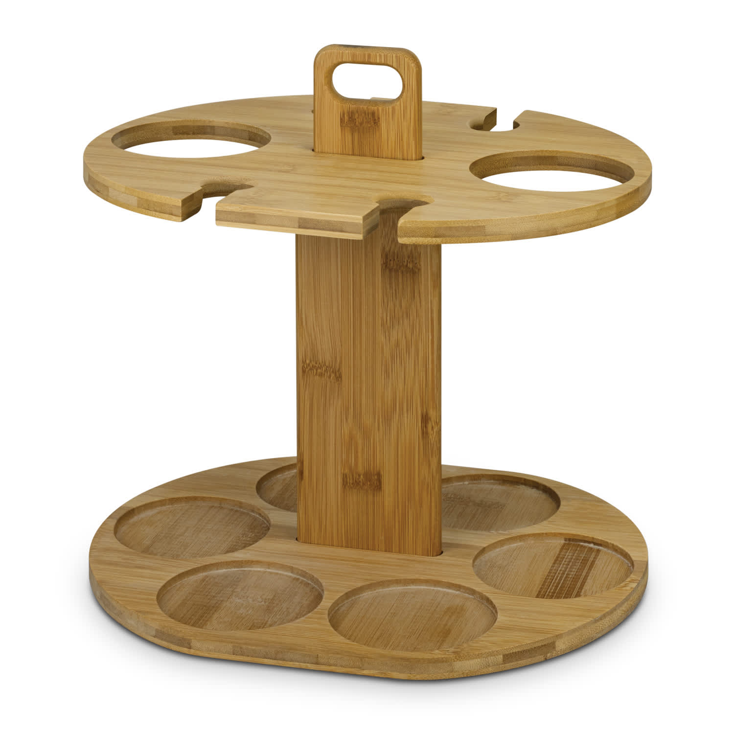 A bamboo wine rack with circular holders for bottles and glasses, showcasing a natural wood finish. Bamboo Wine Rack - Image 1