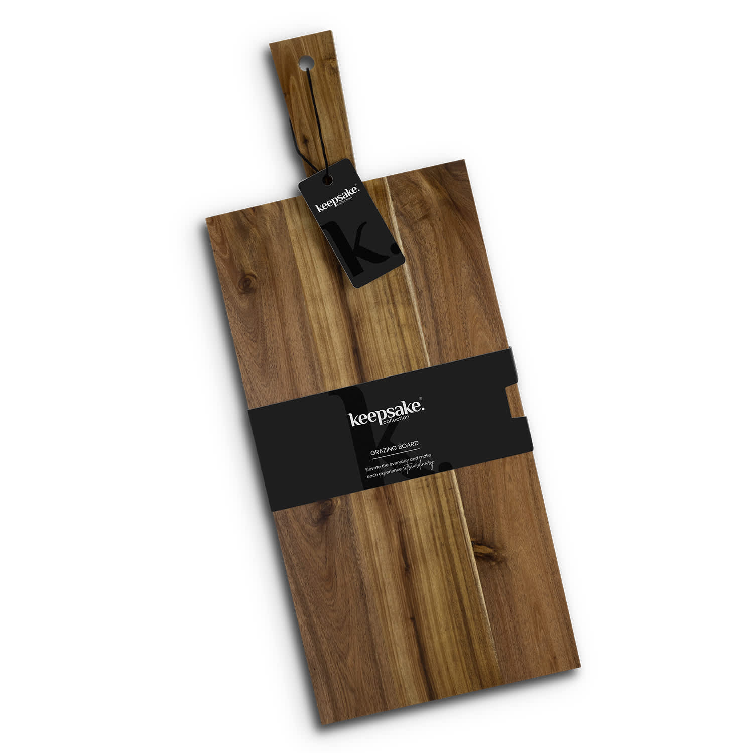 A wooden chopping board with a smooth finish, featuring a hang tag and a dark band around its centre. Keepsake Grazing Board - Image 1