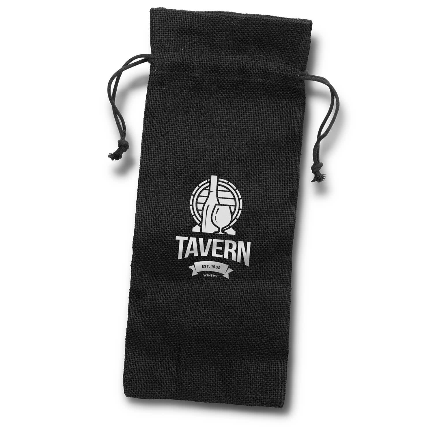 A black jute drawstring bag featuring a logo, designed for holding bottles or similar items. Jute Wine Drawstring Bag - Image 1