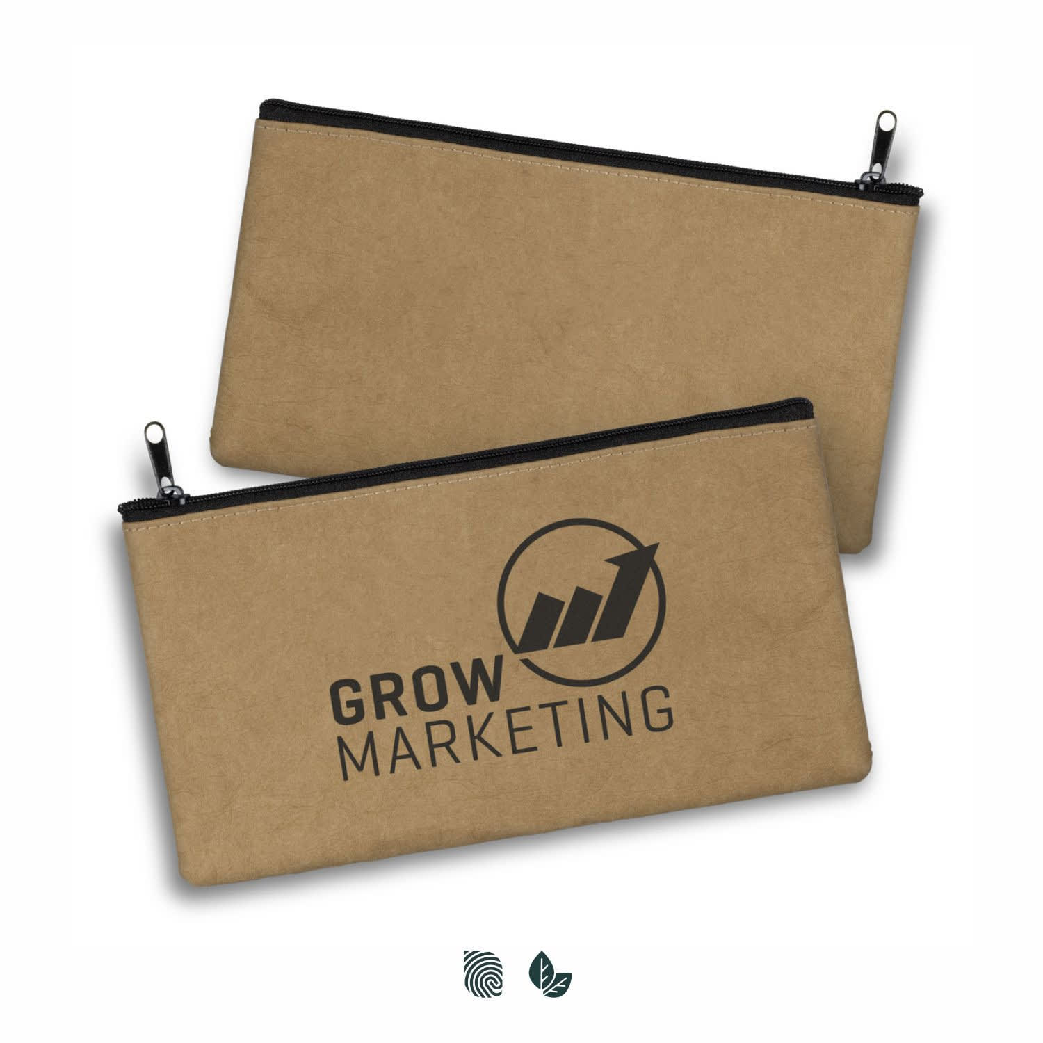A kraft pencil case in a brown hue featuring a logo on one side, with a zip closure at the top. Kraft Pencil Case - Image 1
