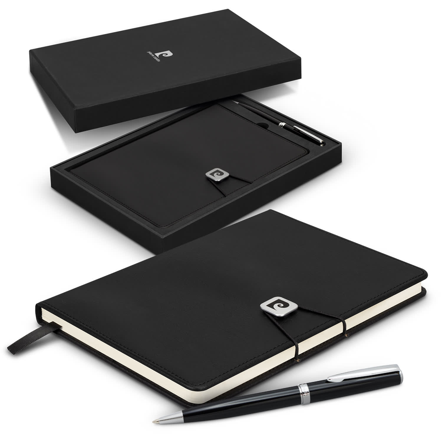 A black notebook with a clasp and a silver pen displayed in a matching black gift box. Pierre Cardin Biarritz Notebook and Pen Gift Set - Image 1