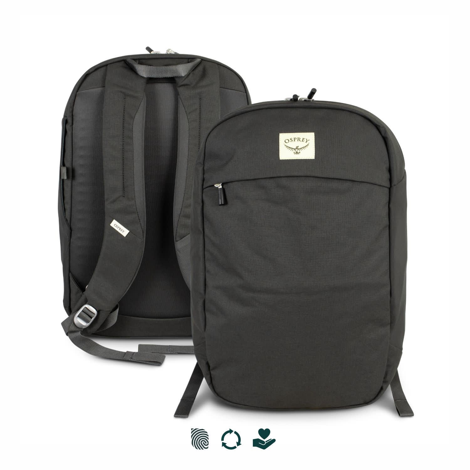 A black backpack with padded straps, featuring a logo and zippered compartments on the front and side. Osprey Arcane Large Day Backpack - Image 1