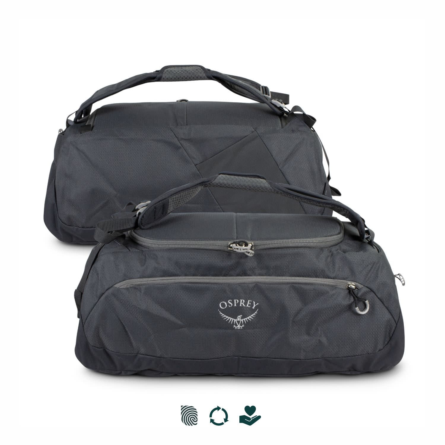 A black Osprey Daylite Duffle Bag with multiple compartments and a logo, featuring adjustable handles. Osprey Daylite Duffle Bag - Image 1