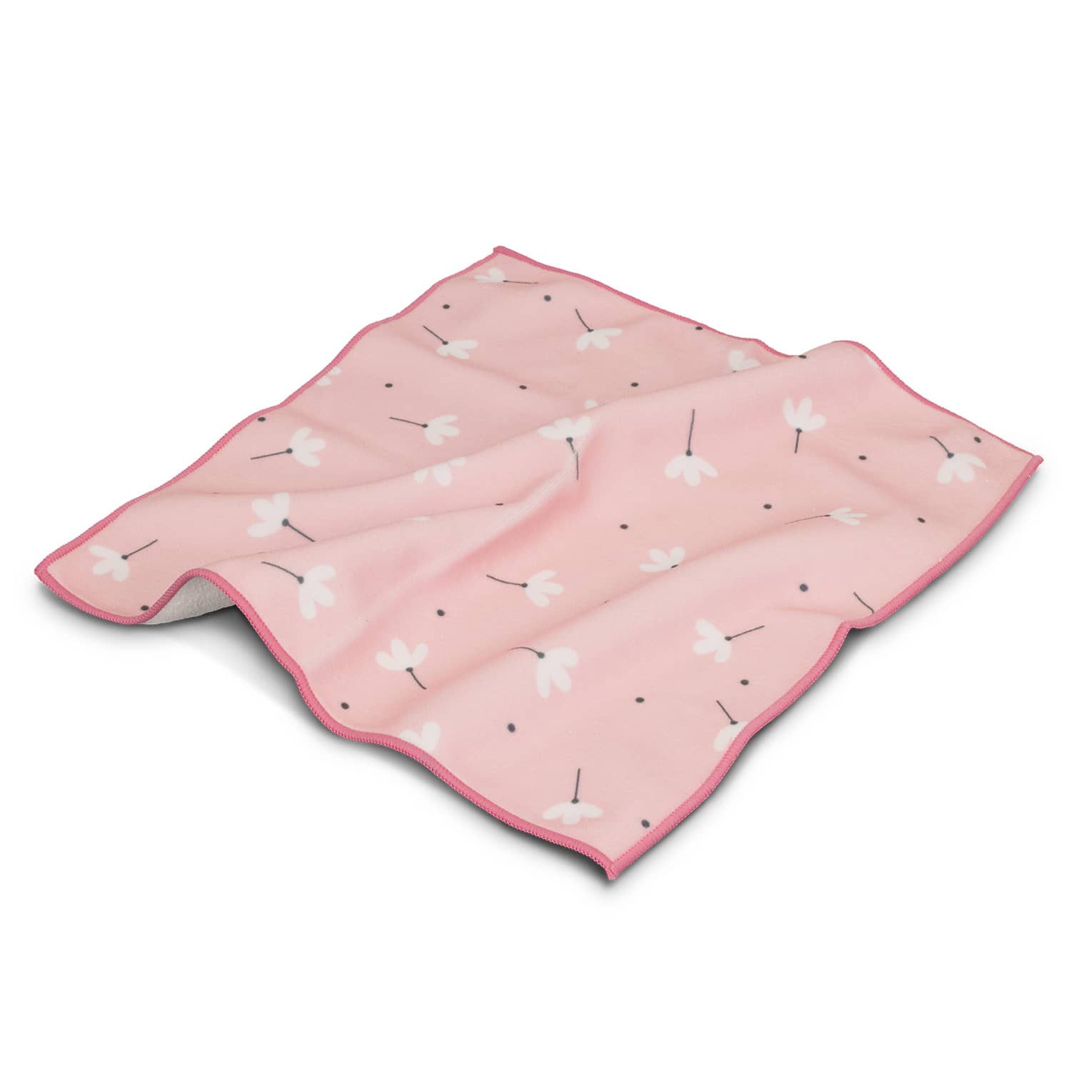 A medium-sized pink blanket featuring a floral pattern with white flowers and black dots, edged in a contrasting colour. Magic Cover - Medium - Image 1