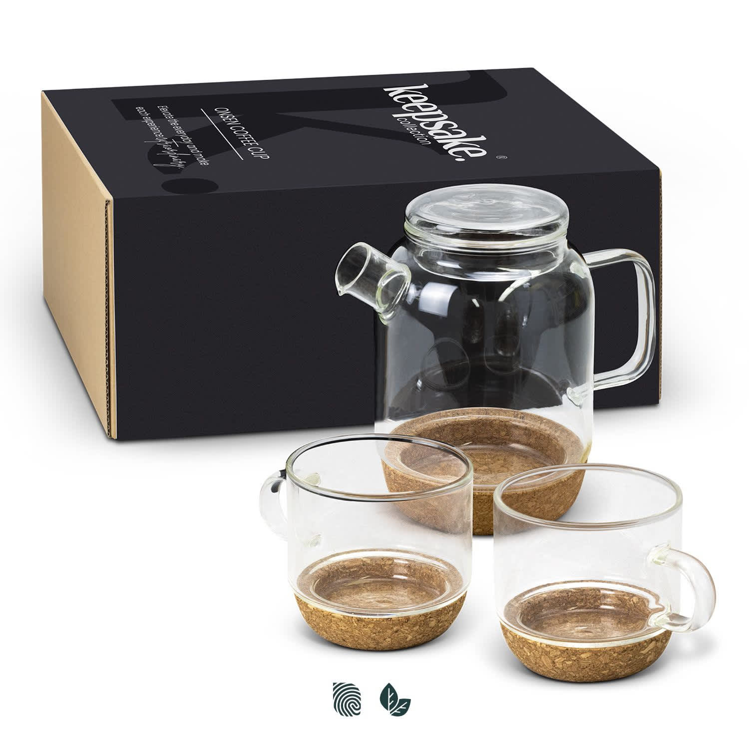 A glass tea pot with two glass cups, featuring a cork base, displayed beside a branded box. Keepsake Onsen Tea Set - Image 1