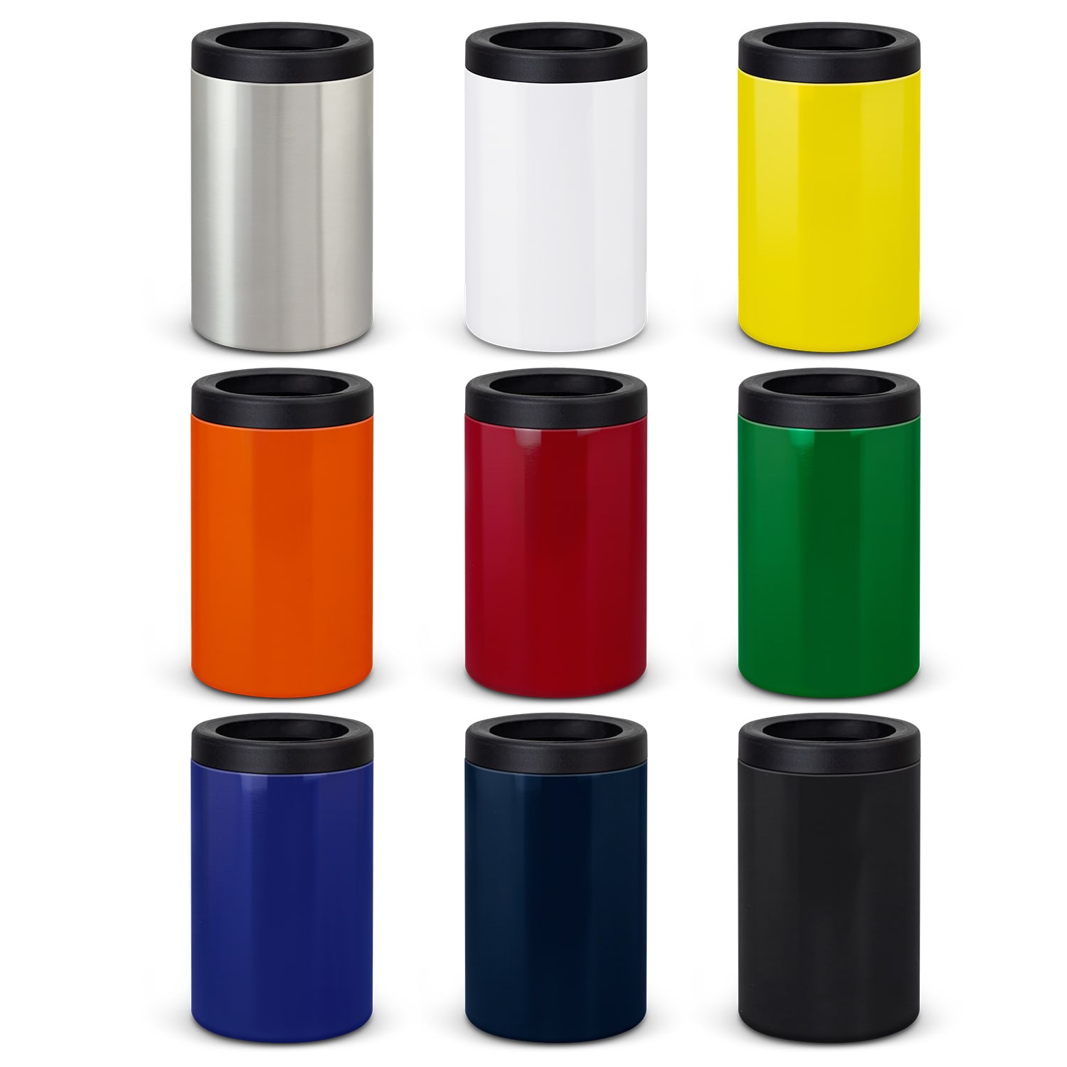 A collection of ten vacuum stubby coolers in various colours: silver, white, yellow, orange, red, green, navy, and black, with black tops. Brewski Vacuum Stubby Cooler - Image 1