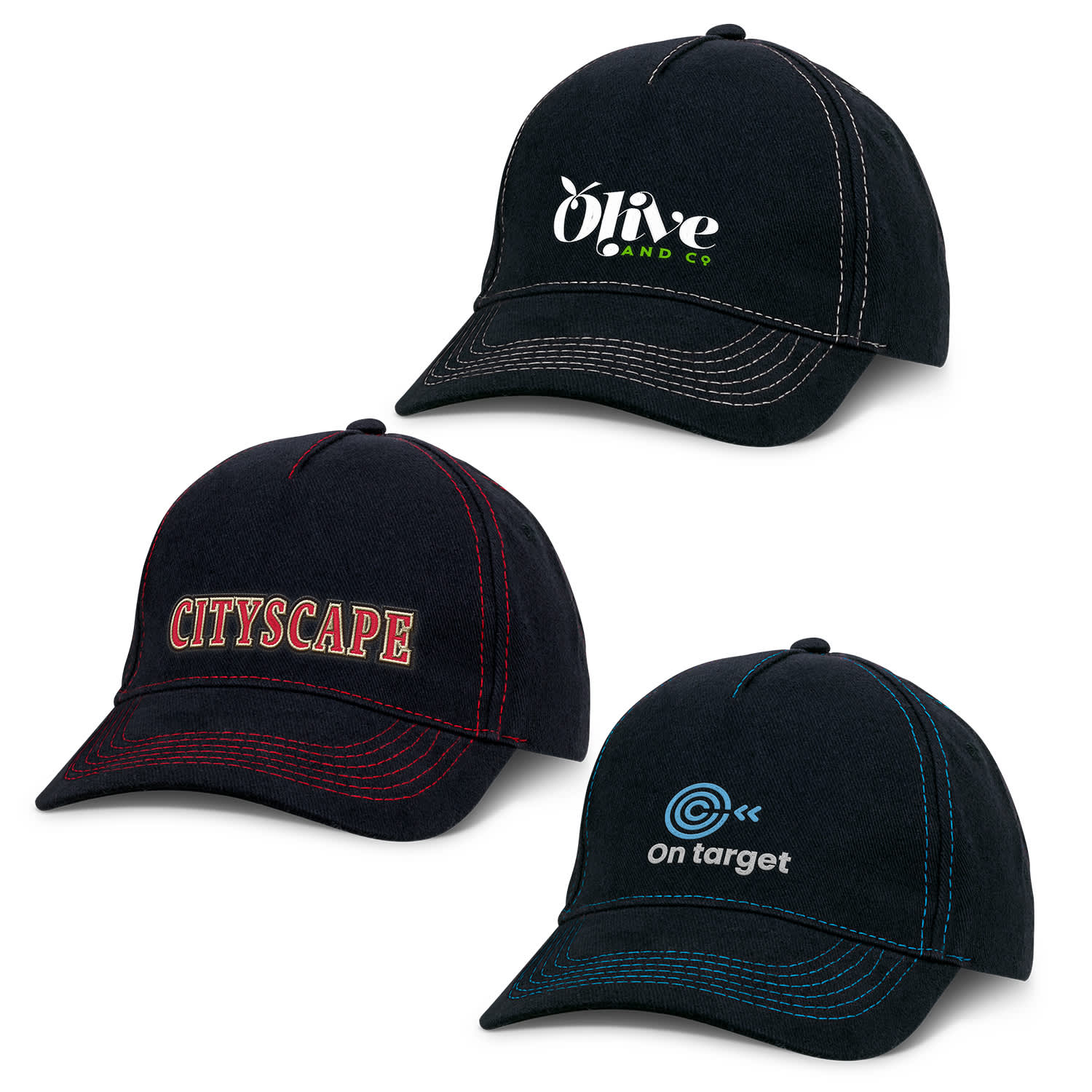 Three black caps with varying embroidery designs and stitching colours, featuring a logo on the top left cap. Raven Cap - Image 1