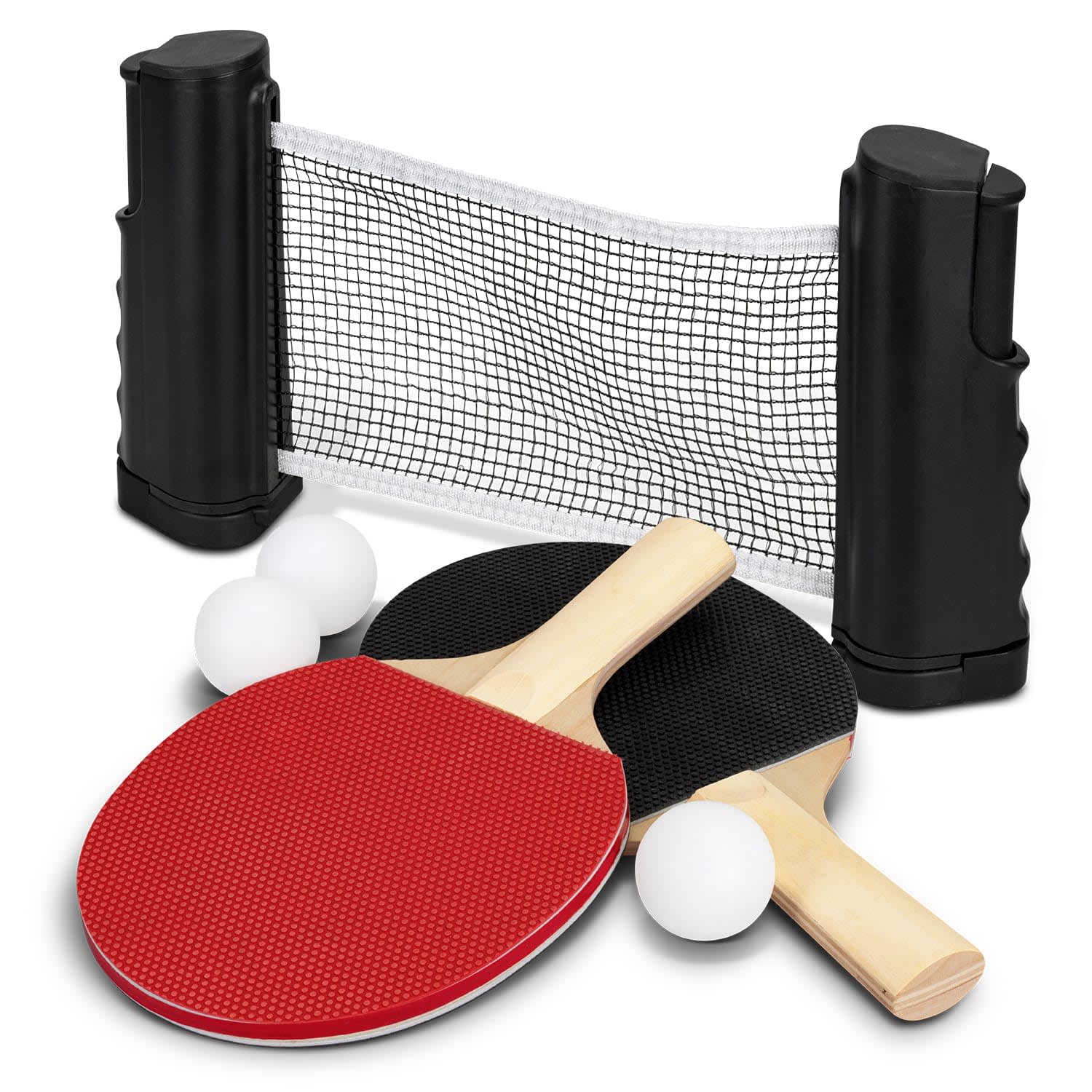 A portable table tennis set featuring black and red paddles, three white balls, and a net with black posts. Portable Table Tennis Set - Image 1