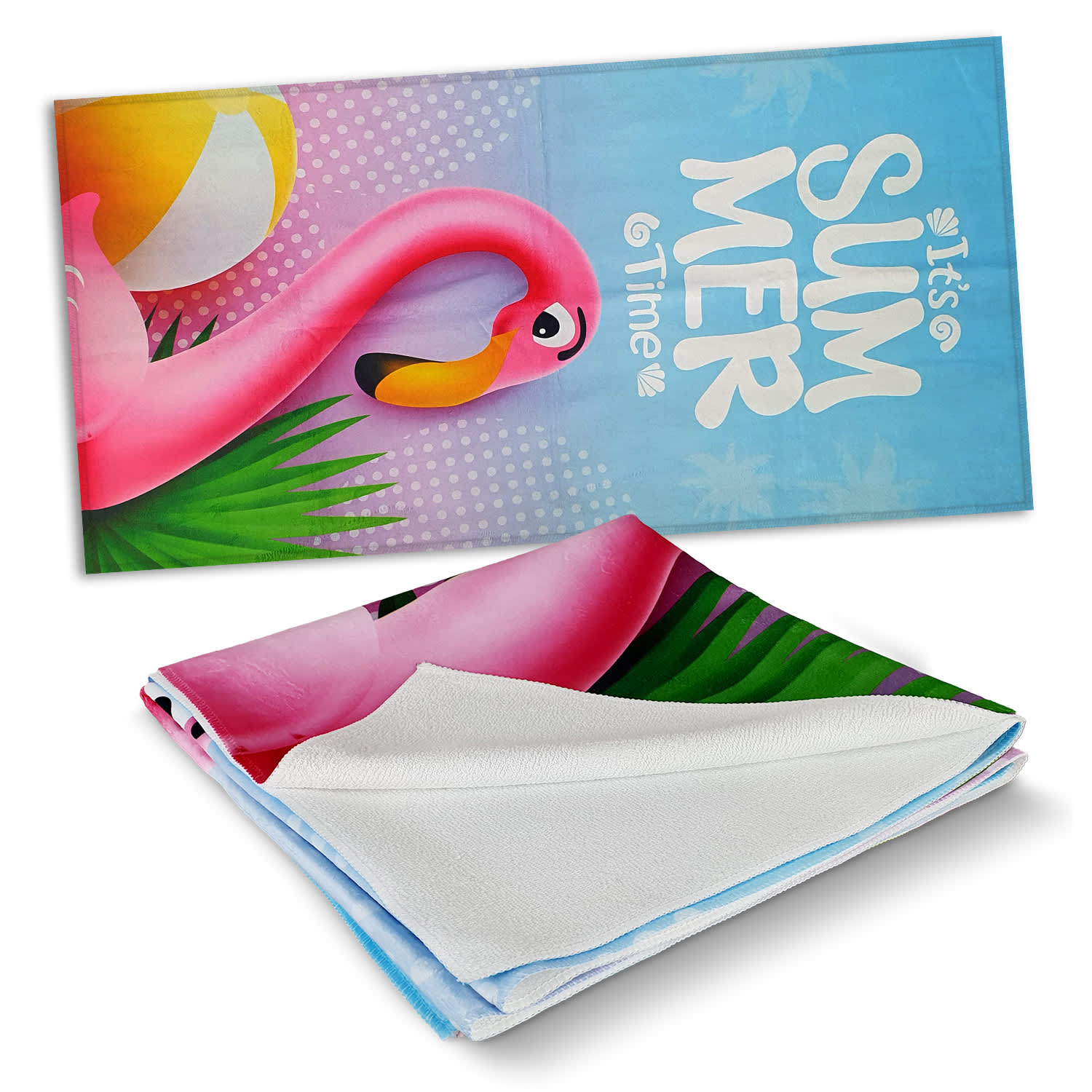 A vibrant beach towel featuring a pink flamingo design against a blue background with tropical elements. It has a logo. Dune Beach Towel - Full Colour - Image 1