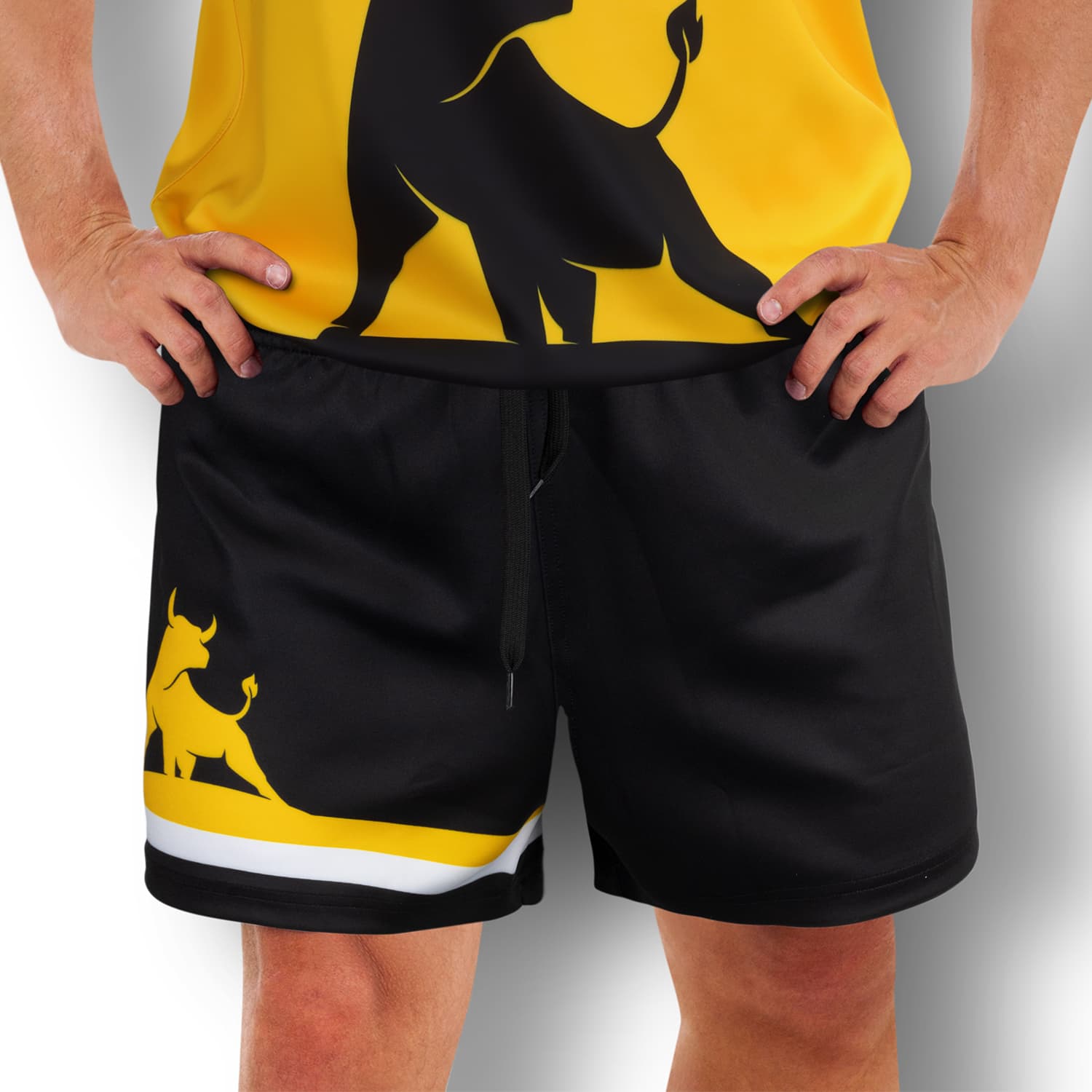 Custom men's AFL shorts in black, featuring a yellow design and a logo. Ideal for sports activities. Custom Mens AFL Shorts - Image 1